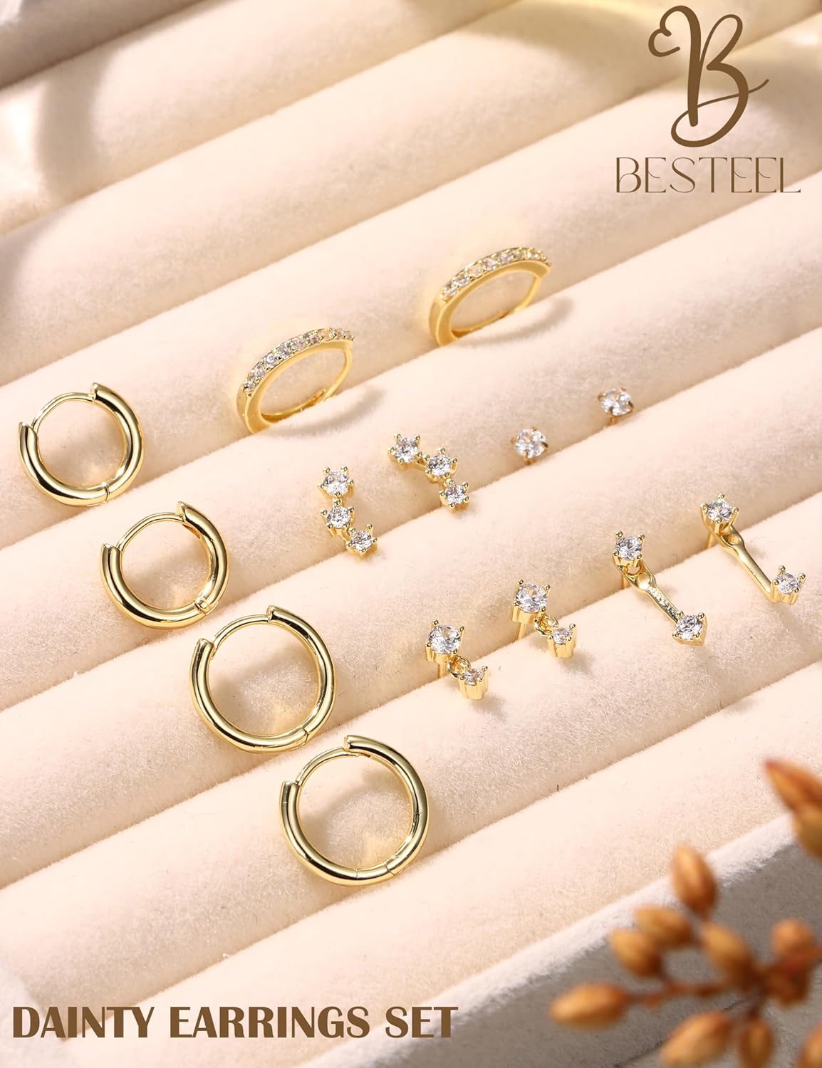Small Stud Hoop Earrings for Women - 7 Pairs Hypoallergenic 14K Gold Plated Huggie Earring Sets for Multiple Piercing