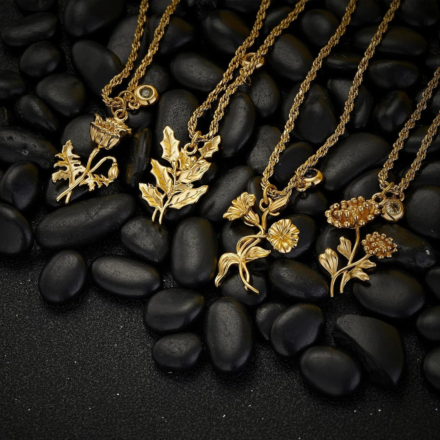 Birth Flower Necklaces for Women 18K Gold Plated Dainty Layered Birth Month Flower with Birthstone Pendant  Personalized Custom Floral Jewelry