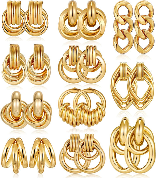 11 Pairs Trendy Gold Knot Earrings for Women Chunky Statement Long Link Drop Dangle  Lightweight Jewelry Set