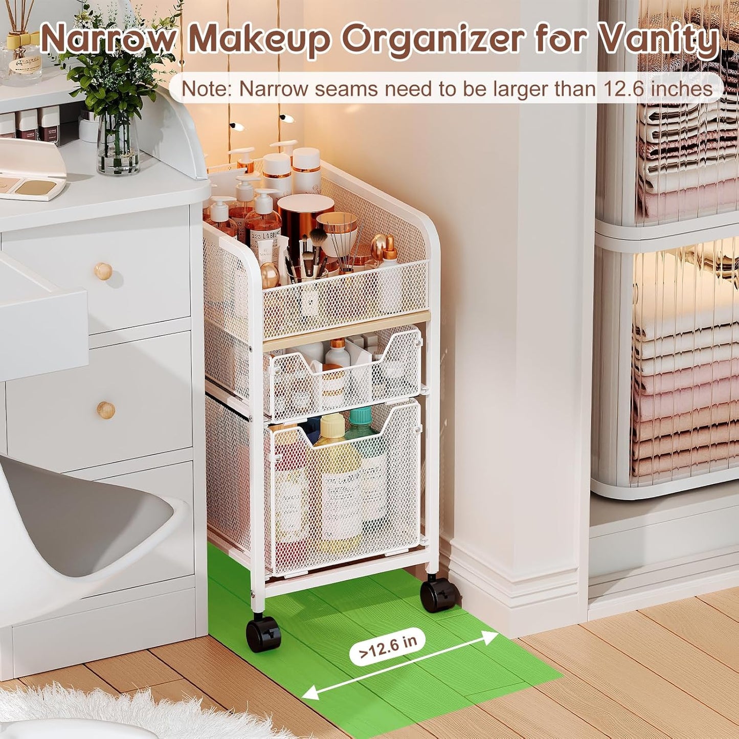 Rolling Makeup Cart Organizer with 2 Drawers, Narrow Floor Skincare Organizers, Vanity Organizer