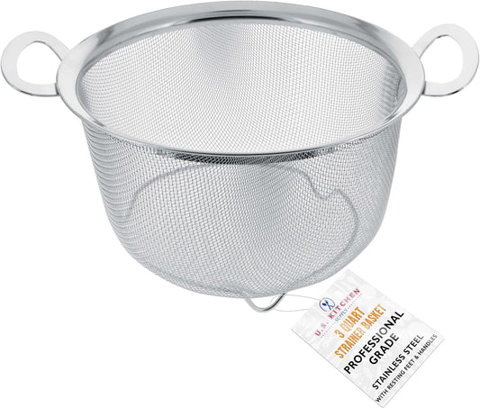 Stainless Steel Colander Strainer Basket - 3-Quart Colander with Resting Feet & Handles - Wide Rim Sieve
