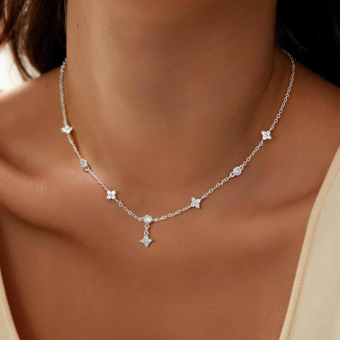 14K Gold Plated Charm Choker Necklace with Pearl & Clover, Cubic Zirconia Dainty Trendy Jewelry Gift for Women