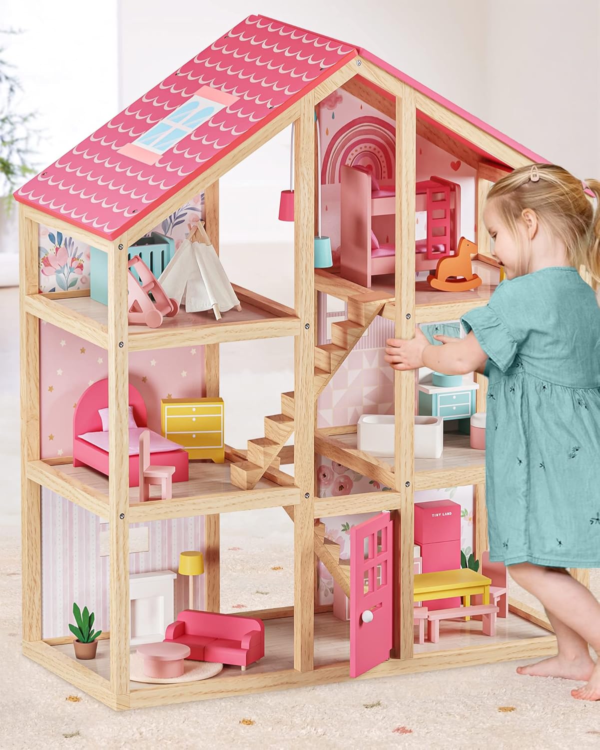 OMOMMD Wooden Dollhouse for Girls - 6 Rooms Wooden Doll House, DIY Pretend Doll House with 31Pcs Furniture Accessories, Creative Gift for Girl Ages 3+
