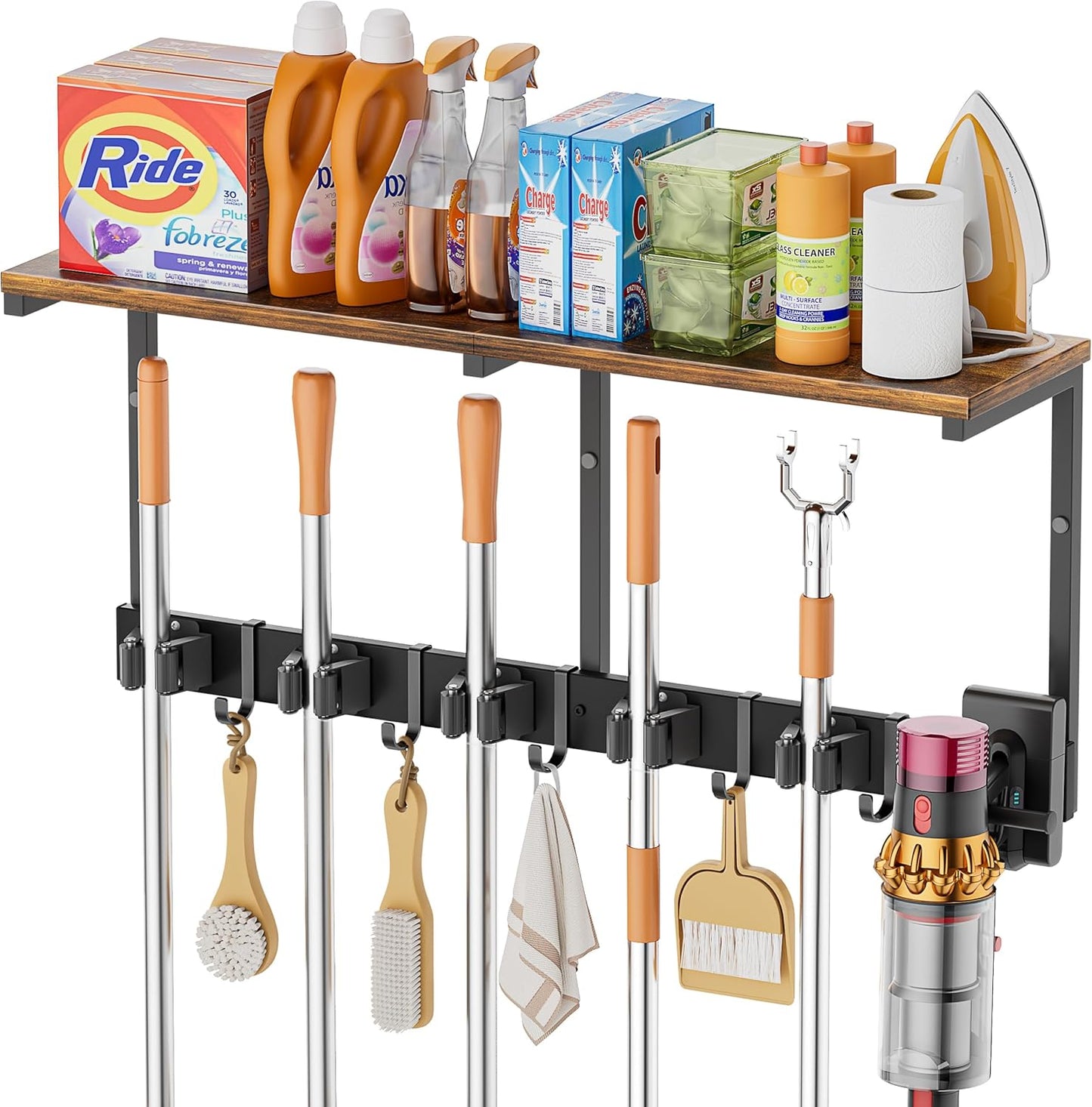 Broom Holder Wall Mount with Cleaning Supplies Organizer, Laundry Room Organization Hooks