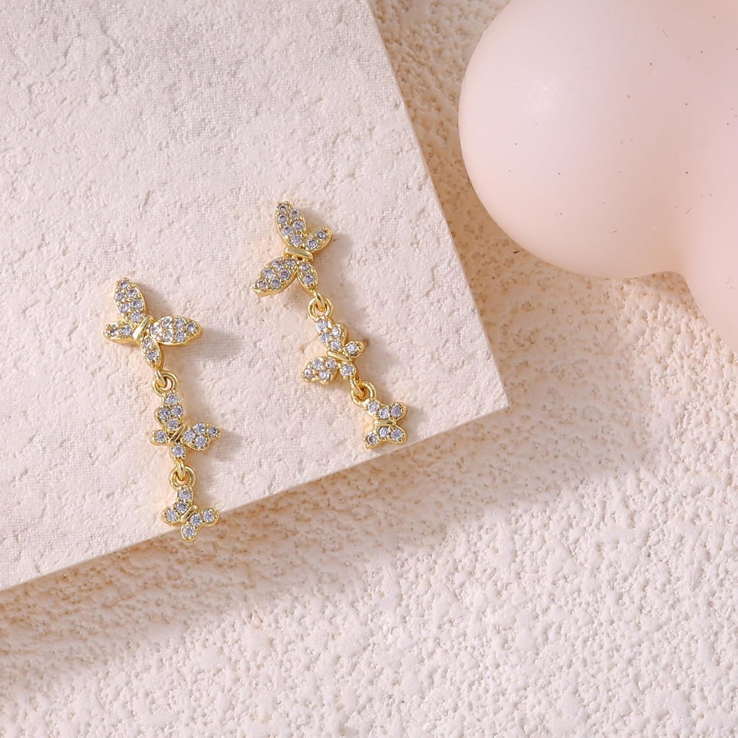 14K Gold Plated Butterfly Dangle Earrings for Women - Dainty, Trendy, CZ Drop Earrings - Simple Long Dangling Jewelry