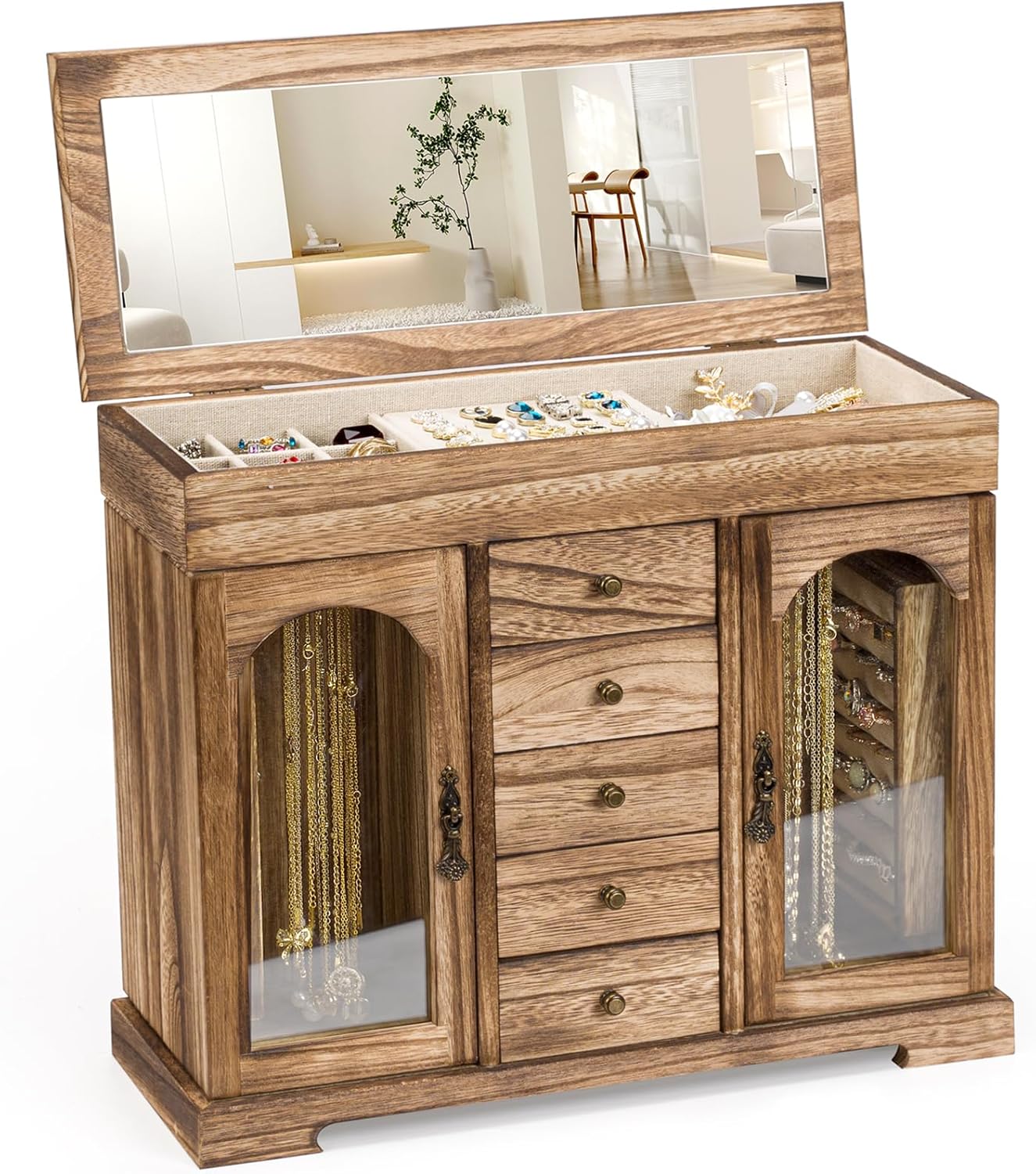 5 Layer Jewelry Storage Case Display, Rustic Wooden Jewelry Organizer Box with Mirror