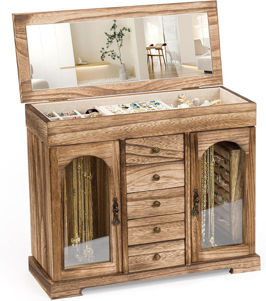 5 Layer Jewelry Storage Case Display, Rustic Wooden Jewelry Organizer Box with Mirror