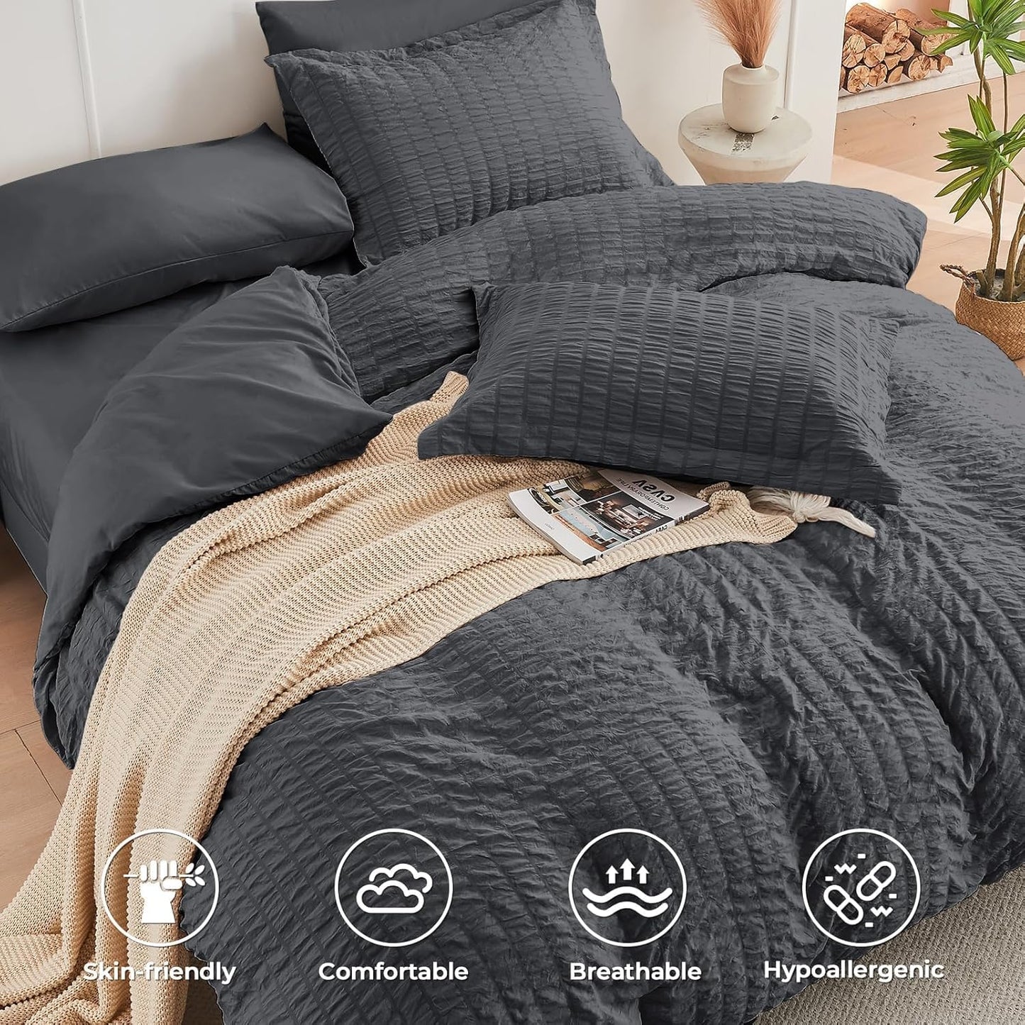 Queen Comforter Set Seersucker 7 count, All Season Luxury Bed in a Bag for Bedroom