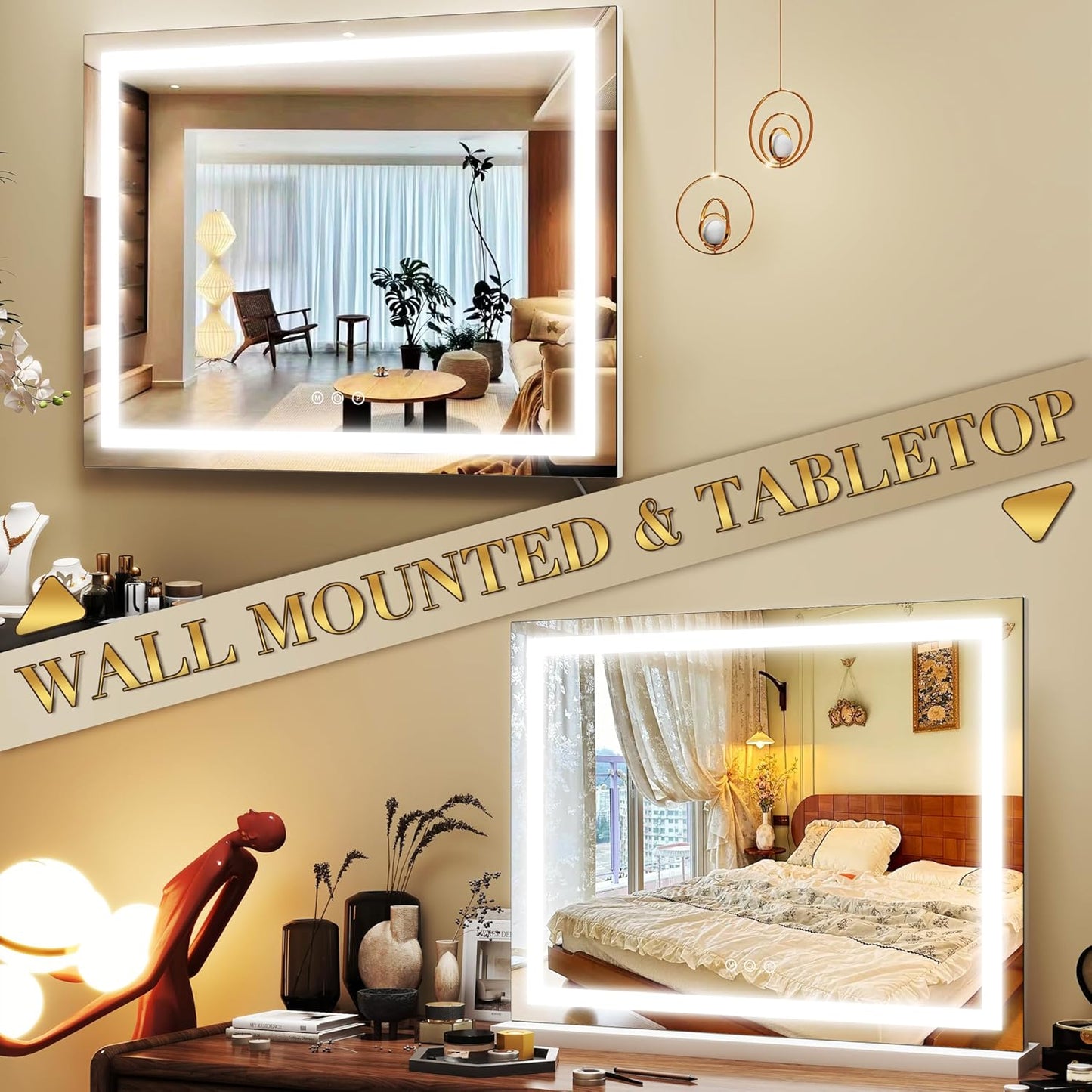 3-Color Dimmable LED & Touch Control - Large Makeup Mirror for Dressing Room (Wall/Tabletop Mount)