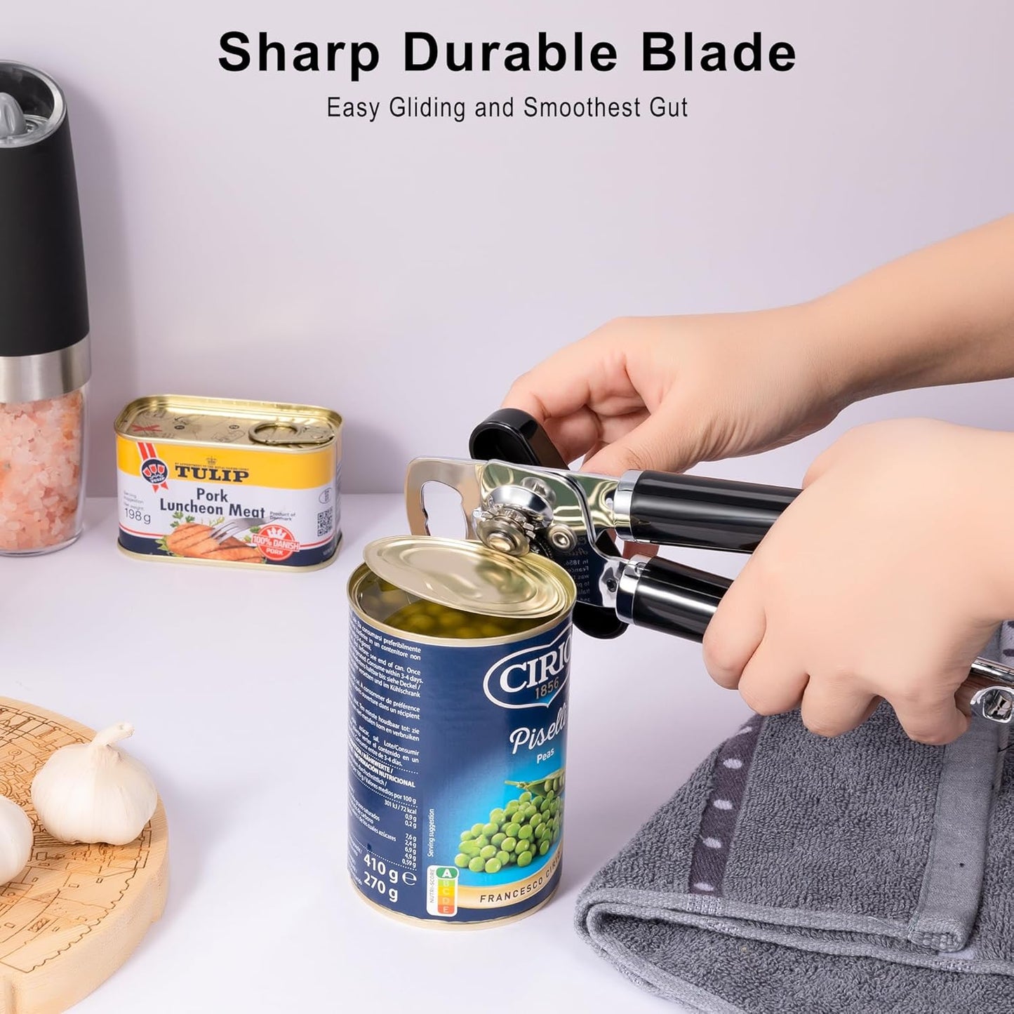Large Heavy Duty Can Opener Manual Smooth Edge Stainless Steel, Comfortable Handle, Built-in Bottle Opener, 8.66 inch