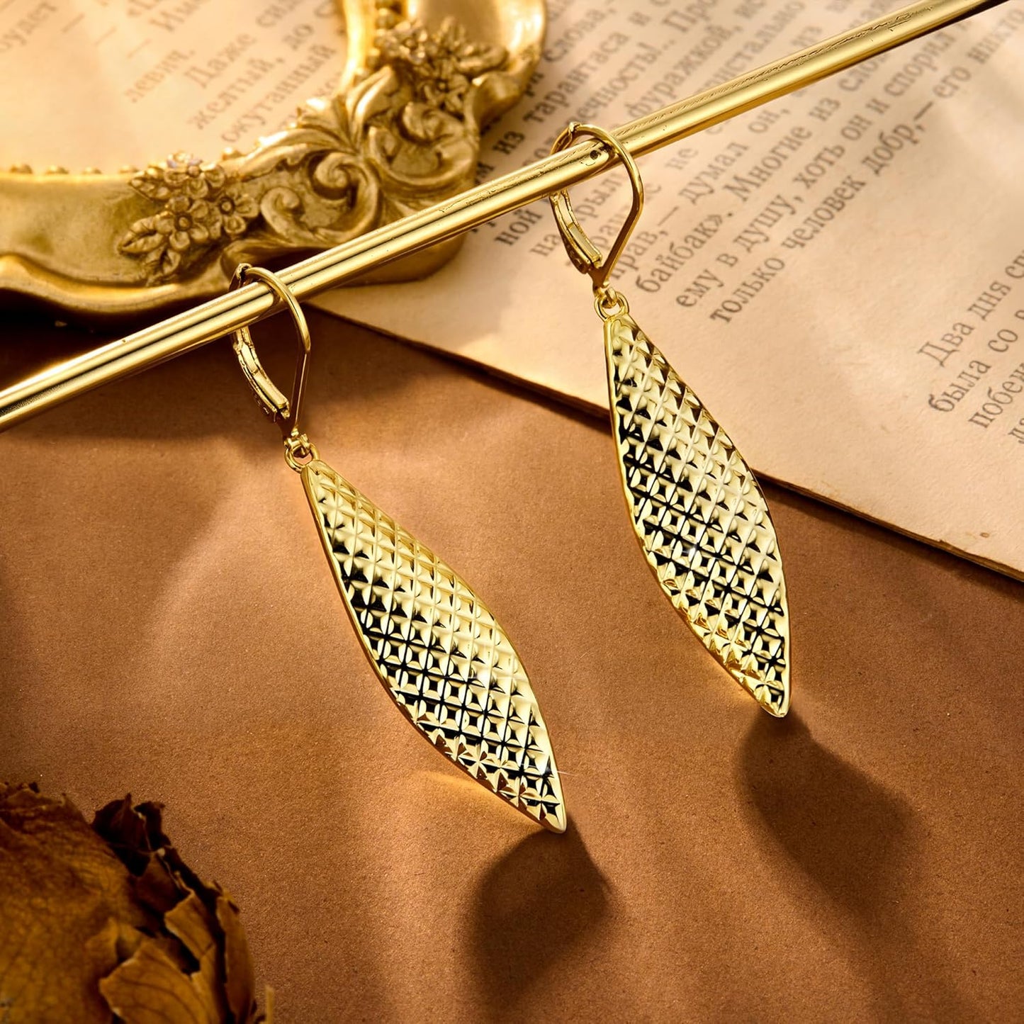 14K Gold Long Dangle Earrings for Women,Sterling Silver Drop Leverback Earrings Trendy Hypoallergenic Gold Hammered