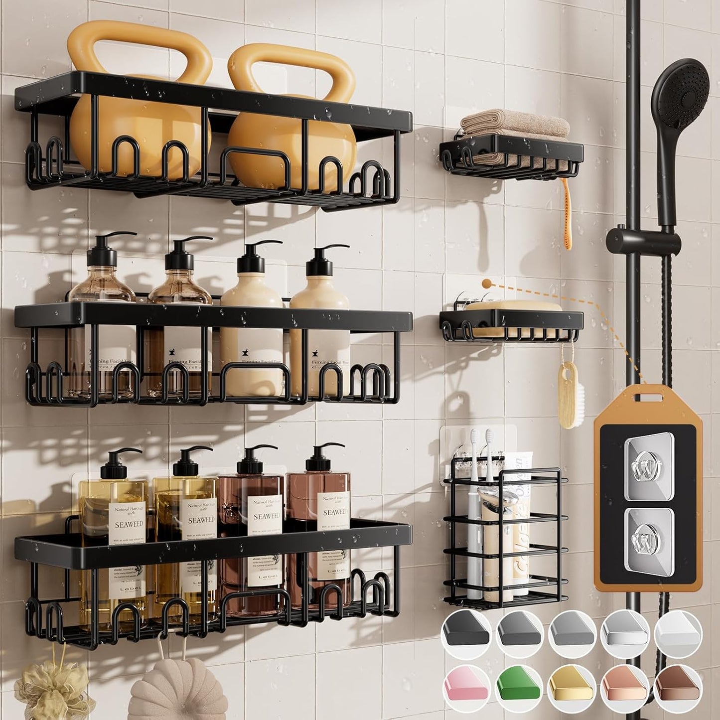 Shower Caddy 6-Pack, No Drilling Adhesive Shelves, Rack with Soap Holder,  Organizers and Storage