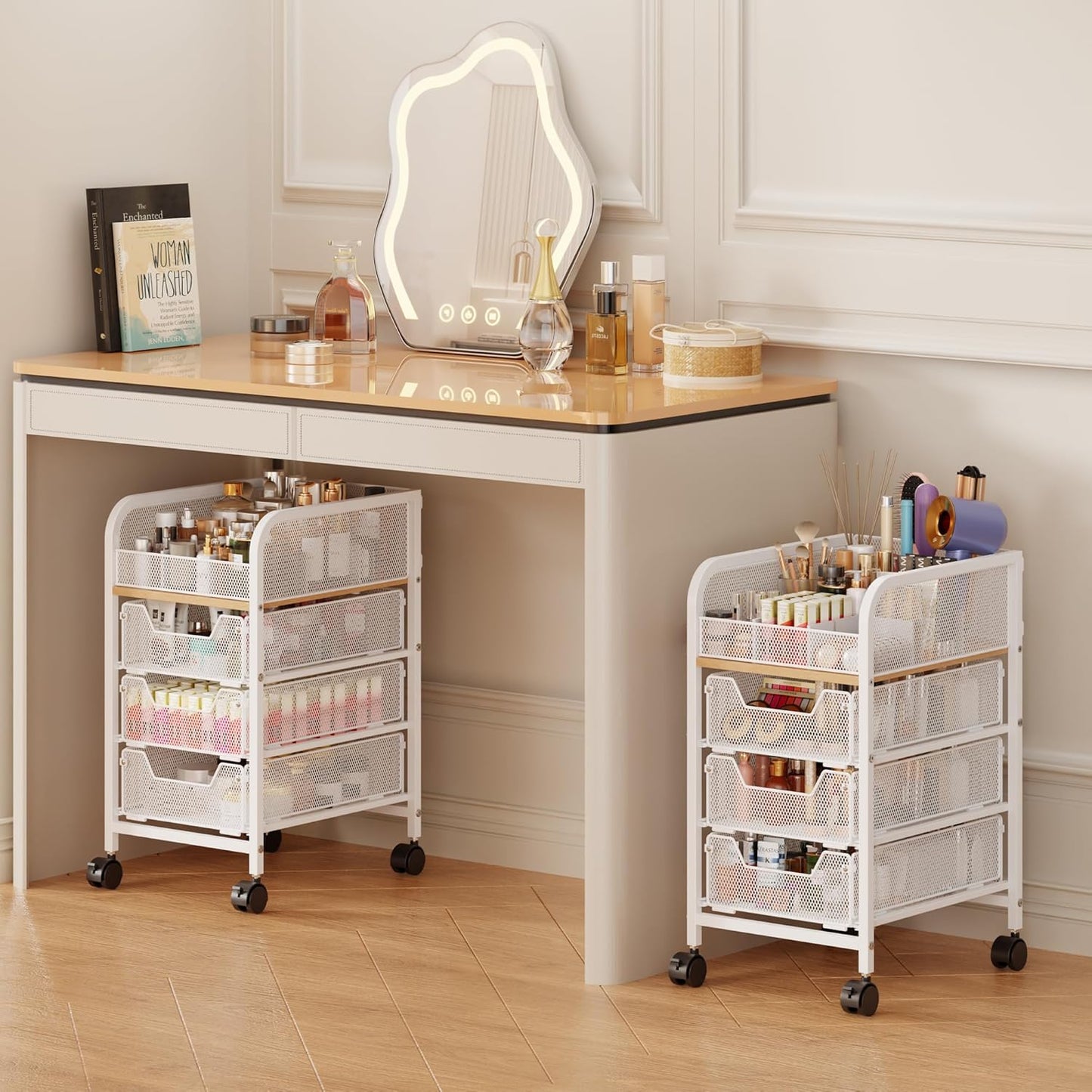 Rolling Makeup Cart Organizer with 3 Drawers, 4-Tier Narrow Floor Skincare Organizers with dividersr