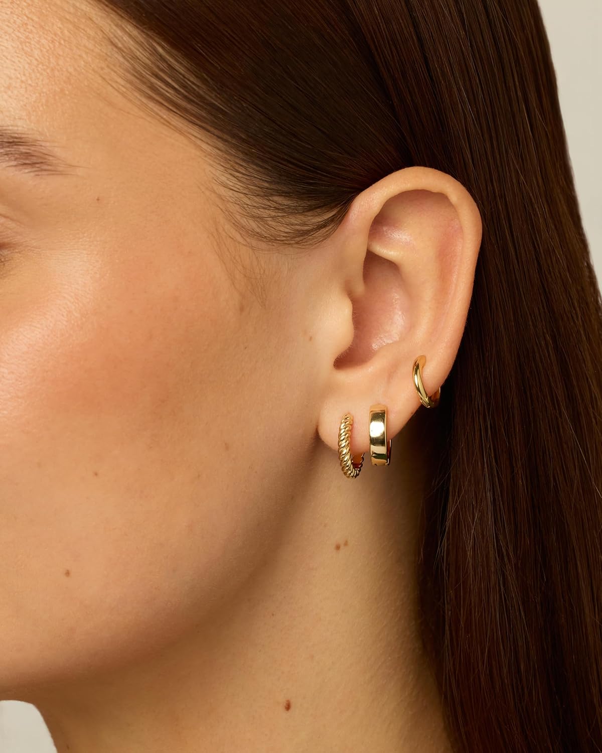 14K-18K Yellow Gold Plated Sterling Silver Posts Three Pairs Small Hoop Earrings for Women - Statement Gold Hoop Earrings Set