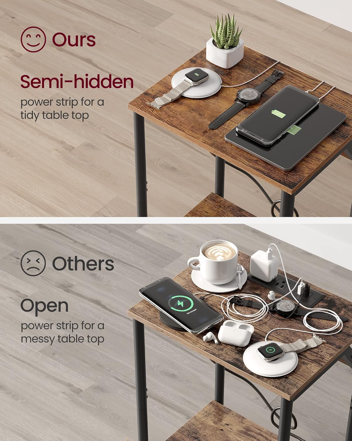 Small Side Tables, Nightstand with Outlets and USB Ports, Bedside Table with Storage Shelf