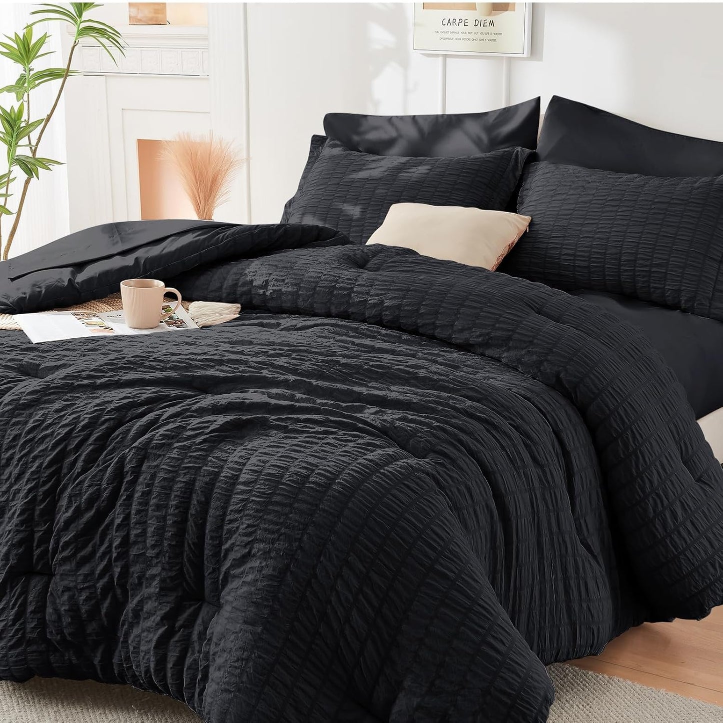 Queen Comforter Set Seersucker 7 count, All Season Luxury Bed in a Bag for Bedroom