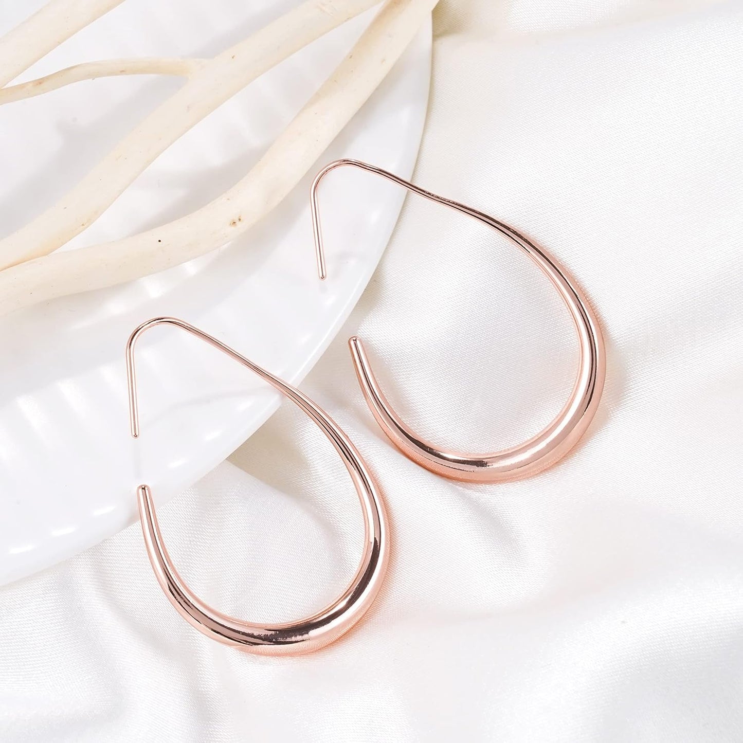 Lightweight Teardrop Hoop Earrings for Women - 14k Gold/White Gold Plated Large Oval Pull Through Hoop Earrings High