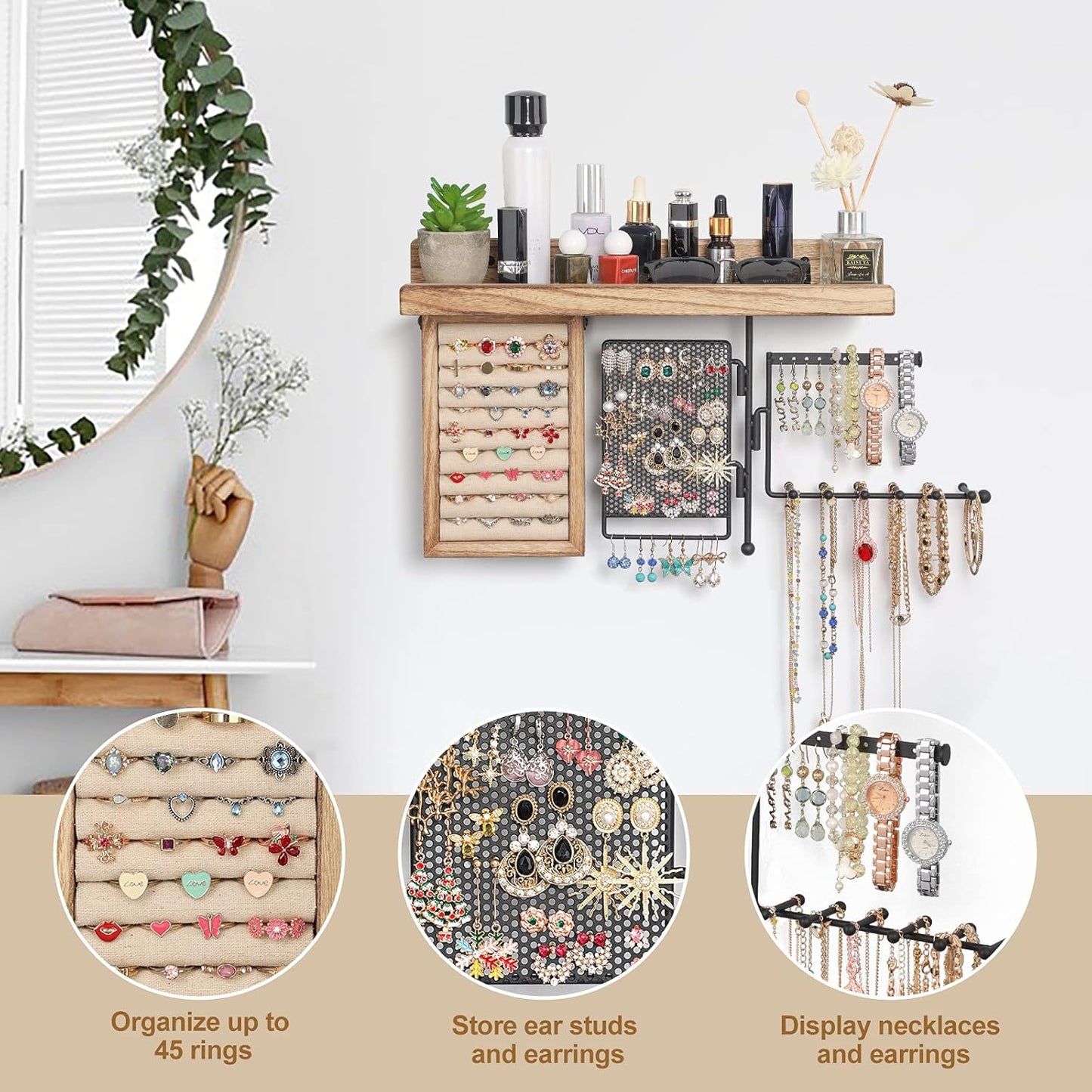 Hanging Jewelry Organizer Wall Mount with Rustic Wood Shelf, Ring Display Box, Rotating Necklace Holder Organizer