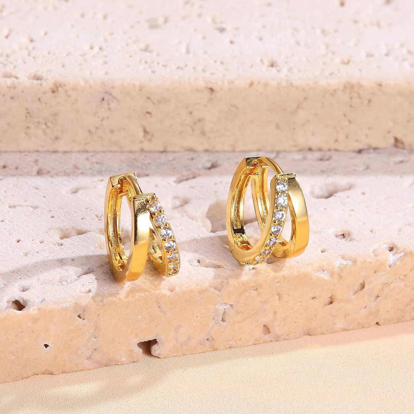 3Pairs 925 Sterling Silver, 14K Gold Plated Small Huggie Hoop Earrings Sets for Multiple Piercing CZ Cartilage Earrings Stacks