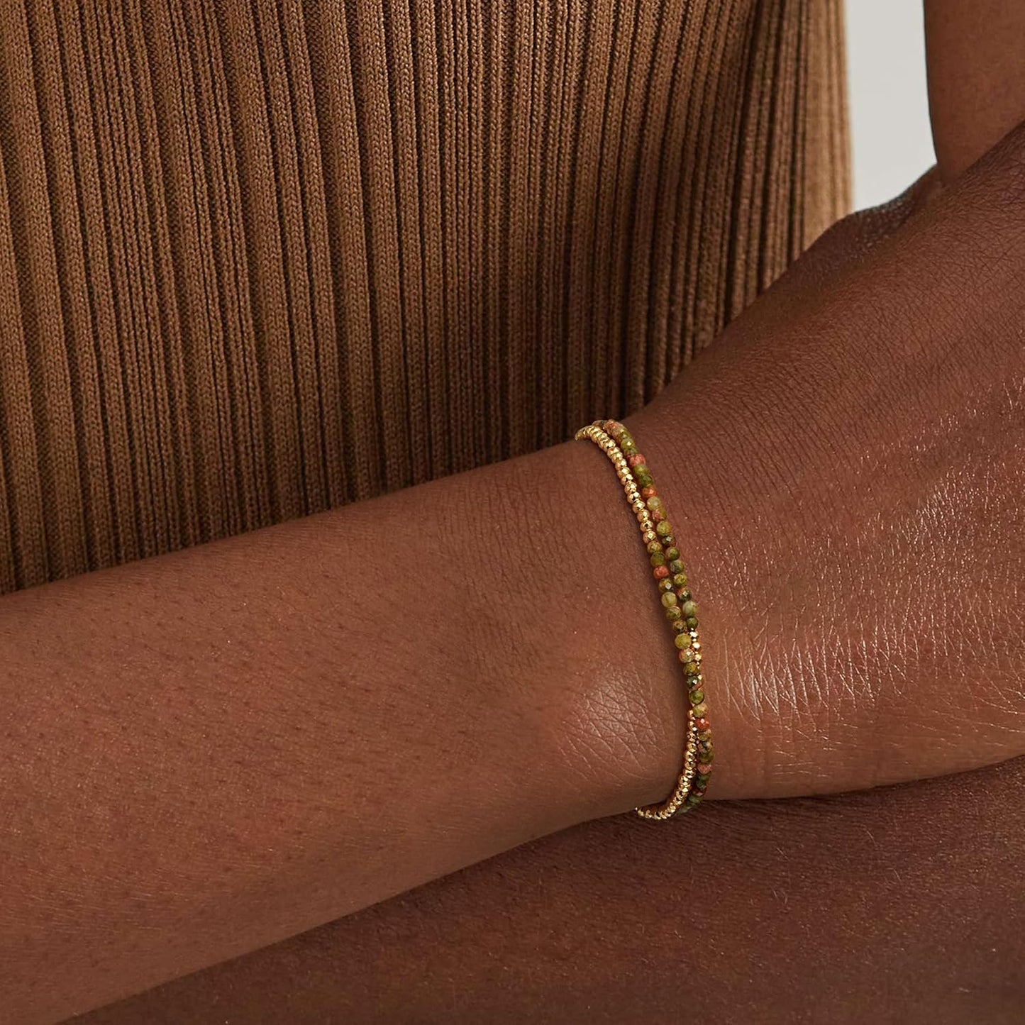 Women Beaded Bracelet Gold Double Layer Gemstone 14K Simple Dainty Handmade Chain Everyday Boho Beach Jewelry