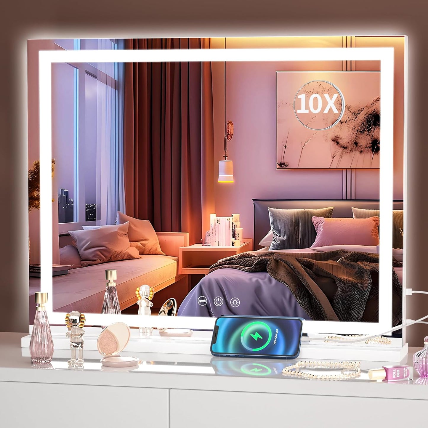 23" x 18" LED Makeup Mirror, Lighted Makeup Mirror with Dimmable 3 Modes, Square White