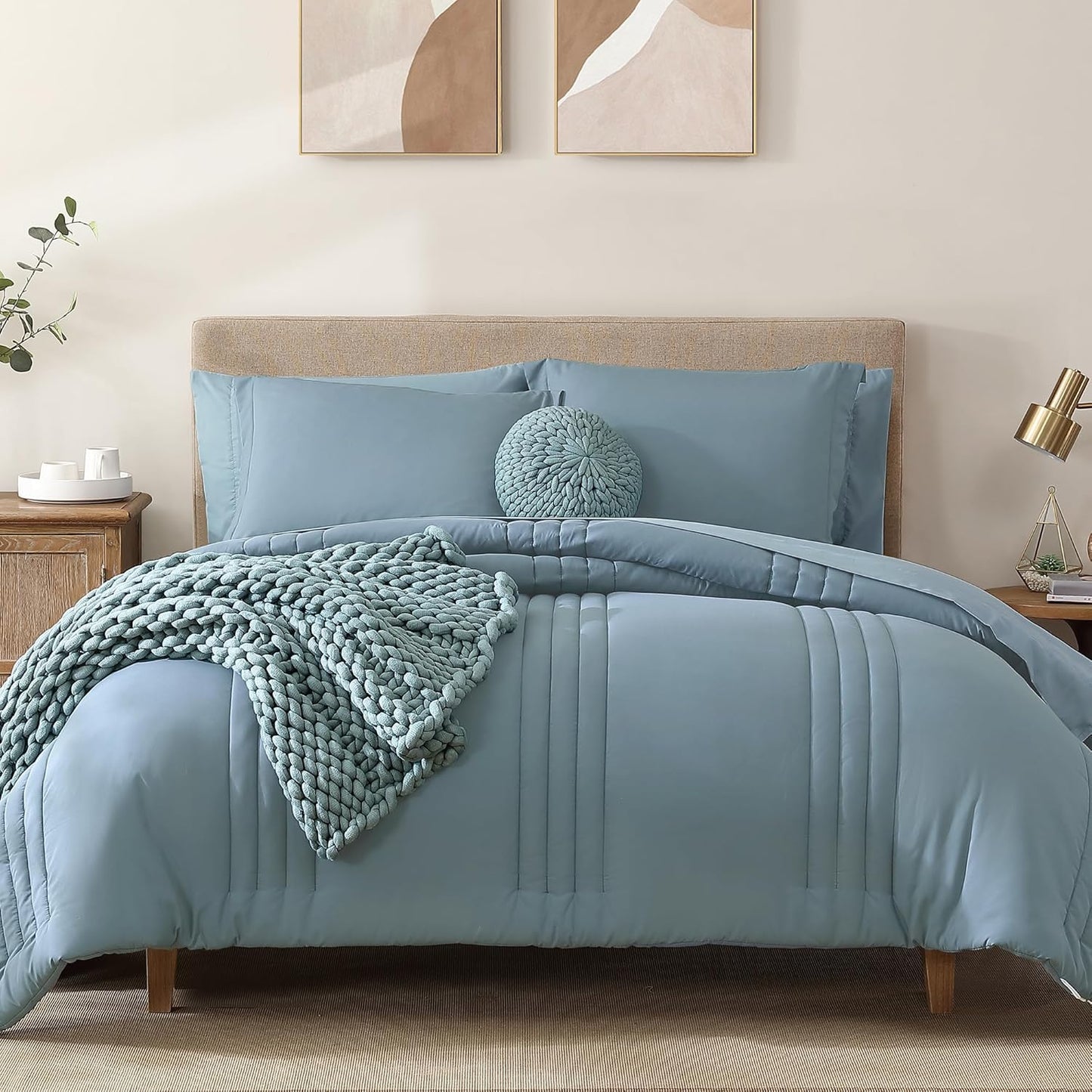 Queen Comforter Set - 7 count Beige Bed in a Bag Queen Bedding Sets , All Seasons
