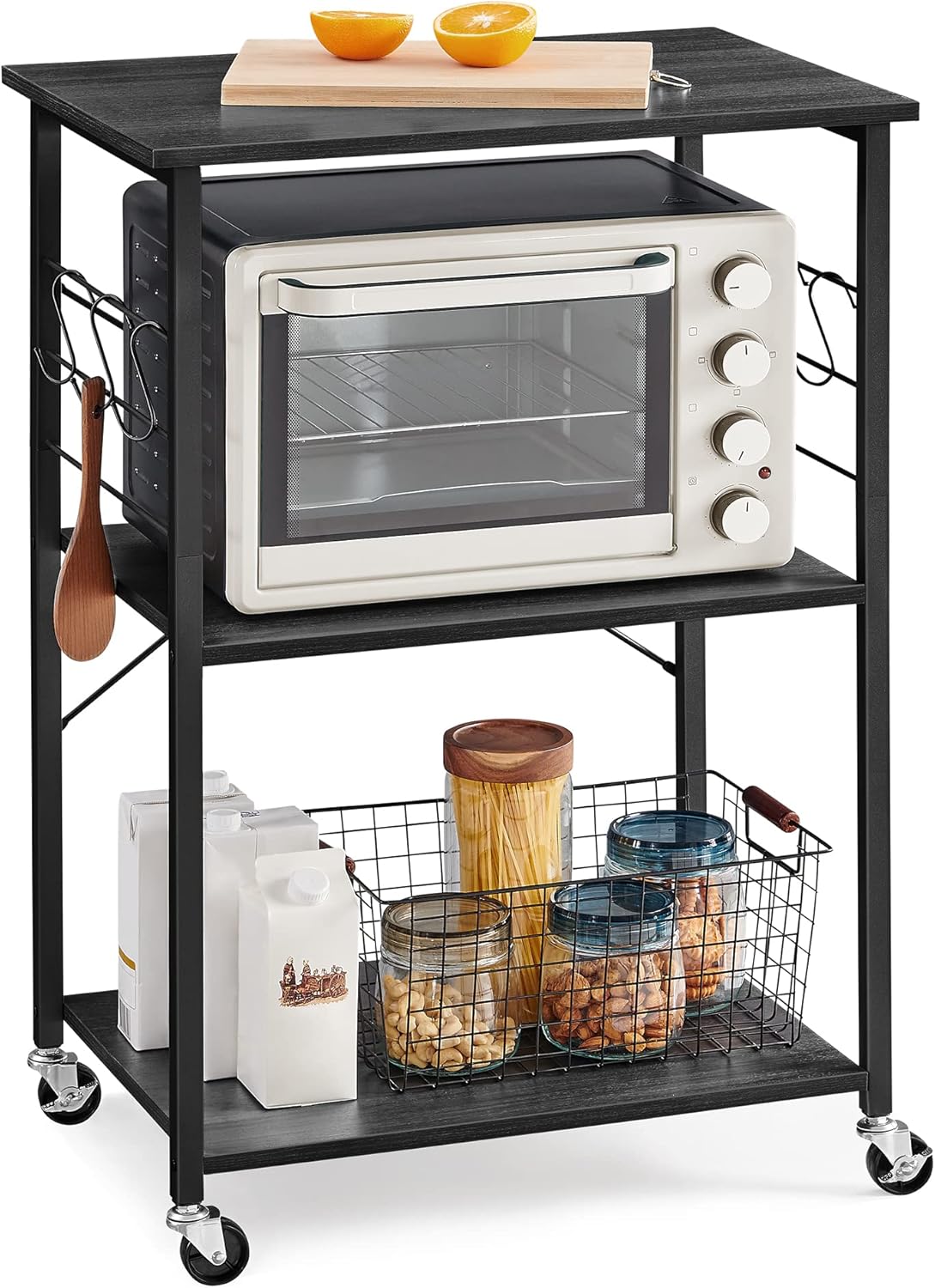 Kitchen Shelf on Wheels, Serving Cart with 3 Shelves,with 6 Hooks