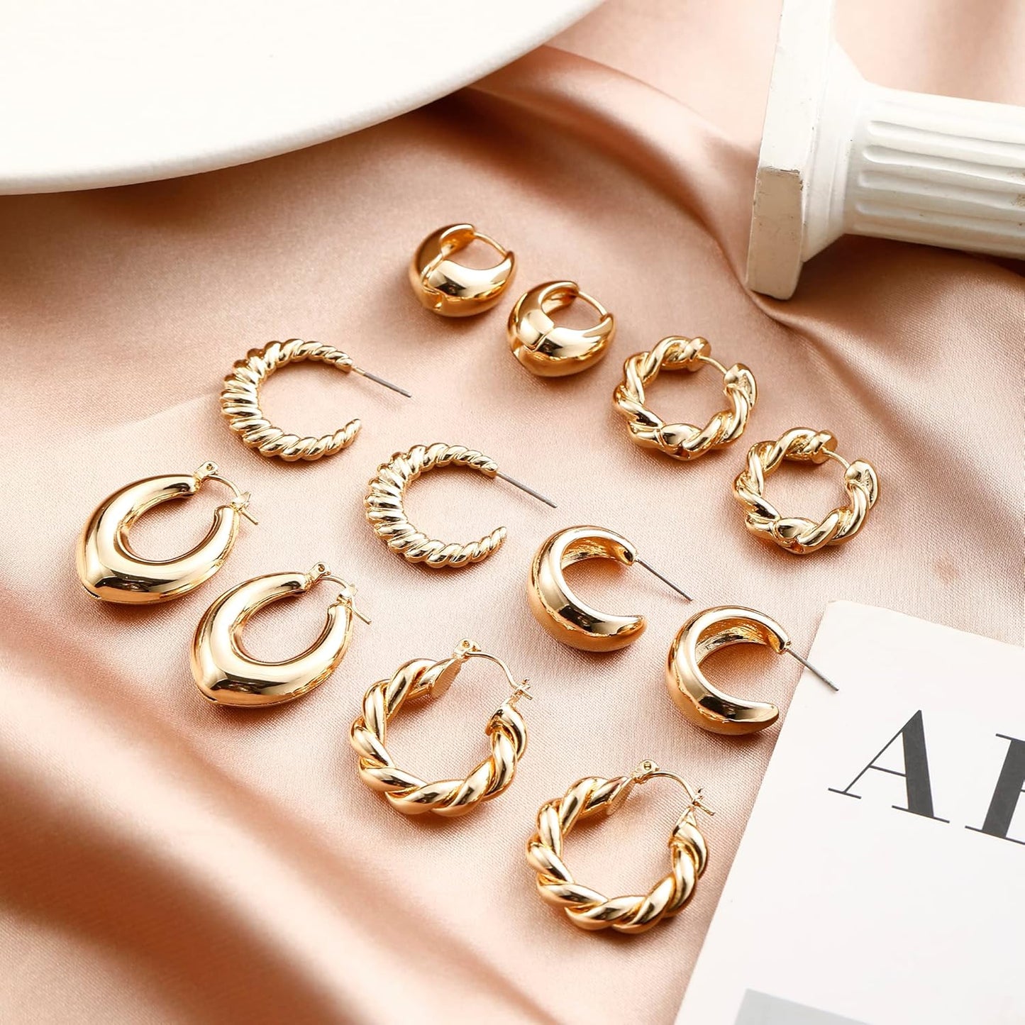 Gold Chunky Hoop Earrings Set for Women, 14K Gold Plated Twisted Huggie Hoop Earring, Thick Open Hoops Set Lightweight