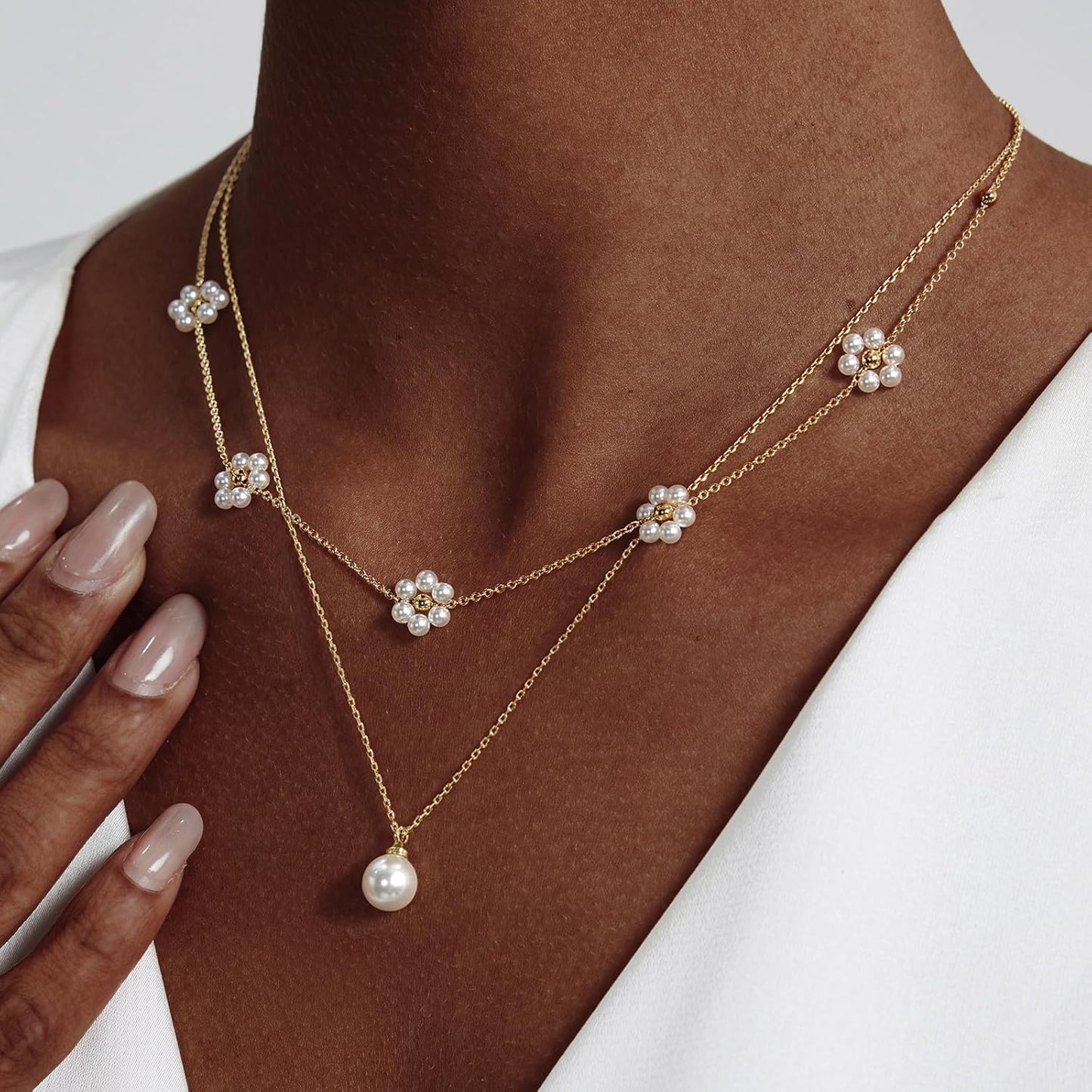 14K Gold-Plated Pearl Necklace Set: Dainty Layered Daisy Choker, Trendy Jewelry Gift for Women