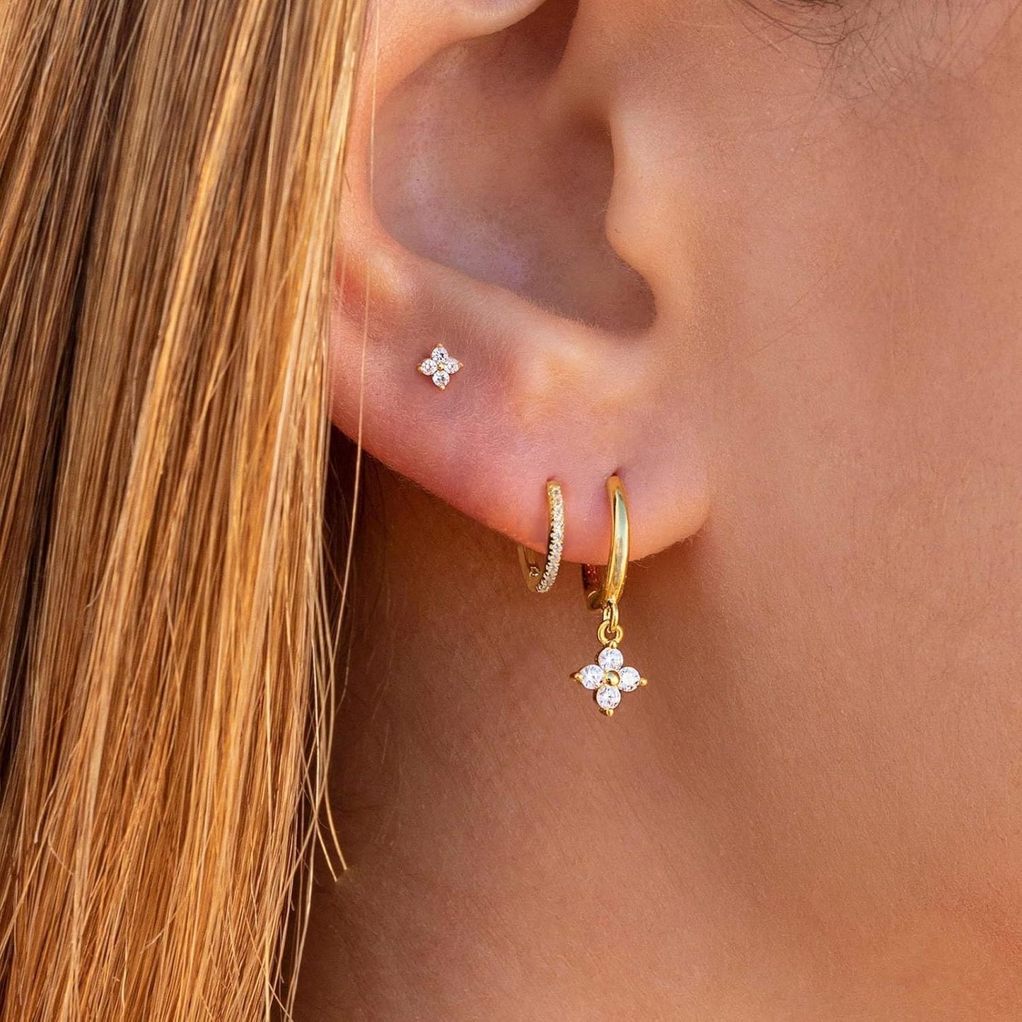 3 Pairs Small Gold Hoop Earring, 14K Gold Plated Earring Stacks Butterfly Heart Star Moon Bow Four Leaf Rhombus Round CZ Pearl
