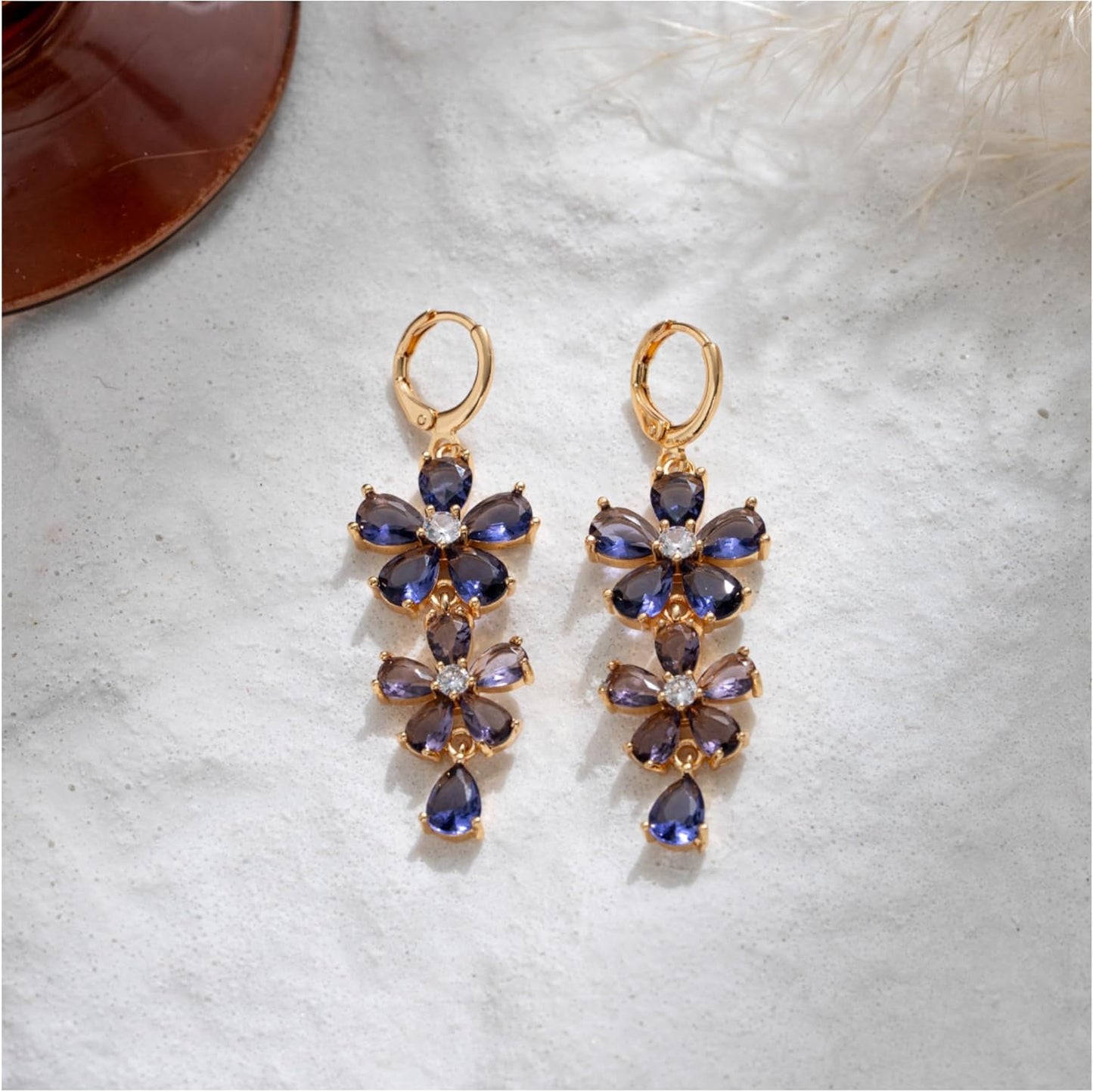 Vuskdtei18K Gold Plated Flower Dangle Earrings for Women, Hypoallergenic Cubic Zirconia Earrings, Elegant Chandelier Drop Earrings