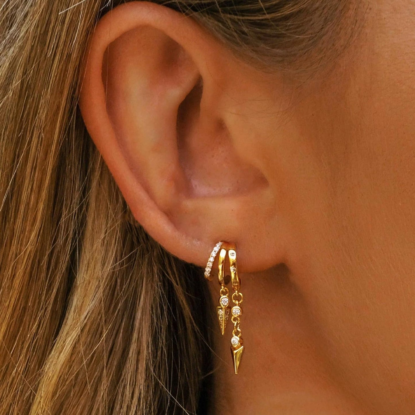 Dangle Earrings for Women,14k Gold Plated Triple Huggie Stud Earrings Cute Statement Chain Earring Dainty Drop