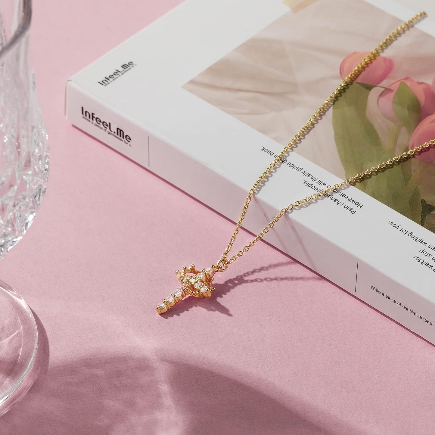 "14K Gold Diamond Cross Necklace for Women, Dainty Cubic Zirconia Pendant, Cute Tiny Gold Jewelry Gift"