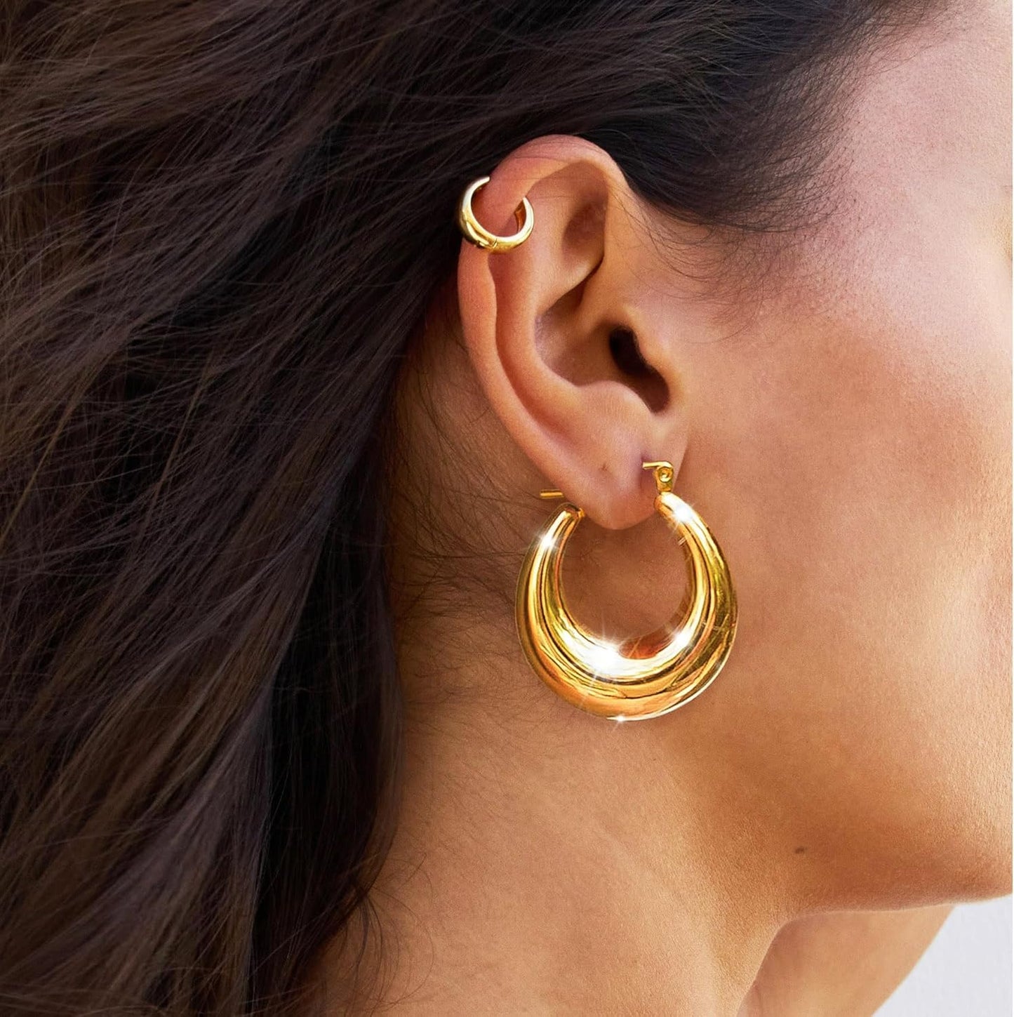 Chunky Gold Hoop Earrings for Women, 14k Gold Plated Thick Triple Hoop Earrings Hypoallergenic Trendy Chunky Gold Hoops