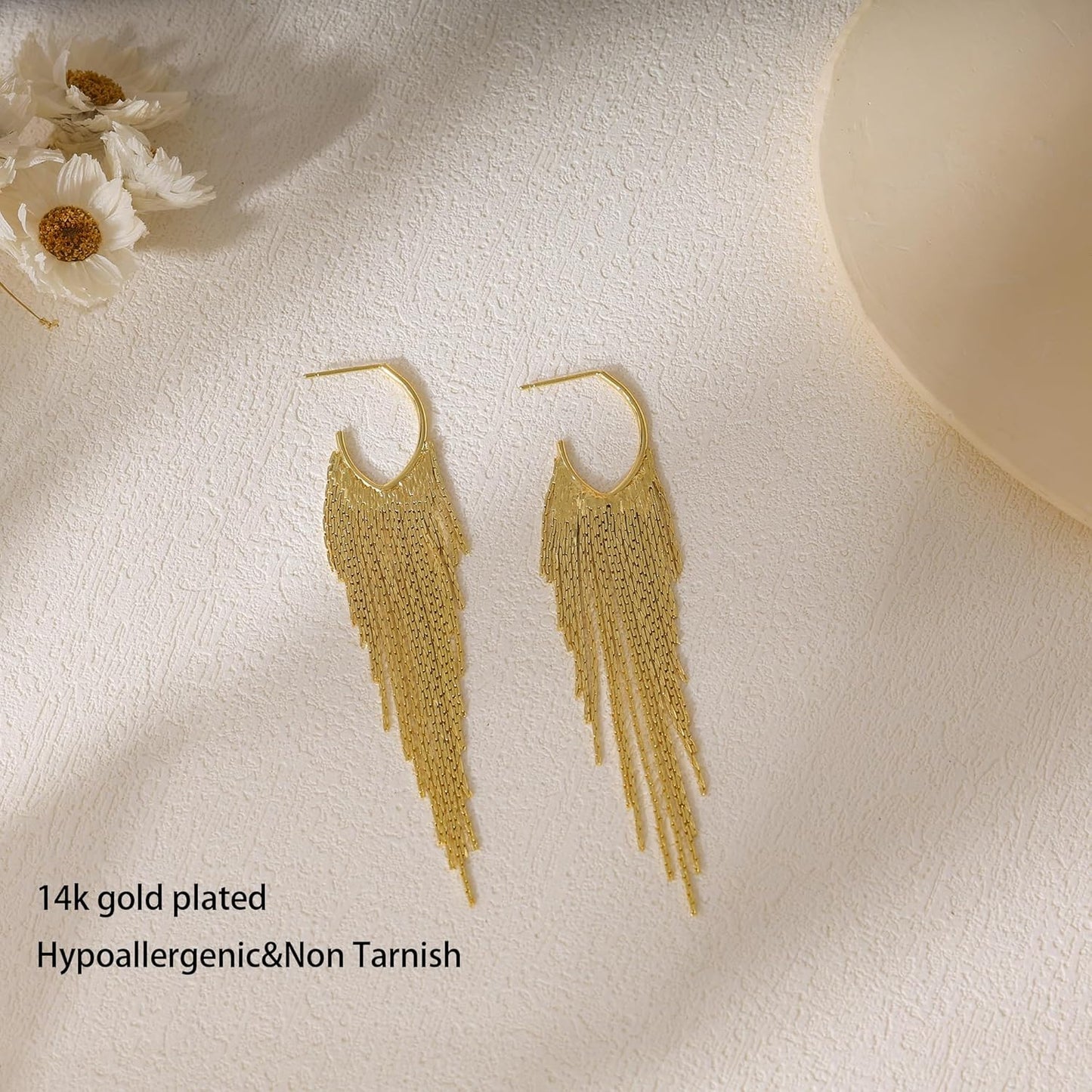 Gold Earrings for Women, 14K Gold Plated Tassel Dangle Earrings for Women Trendy Hypoallergenic Long Chain Earring