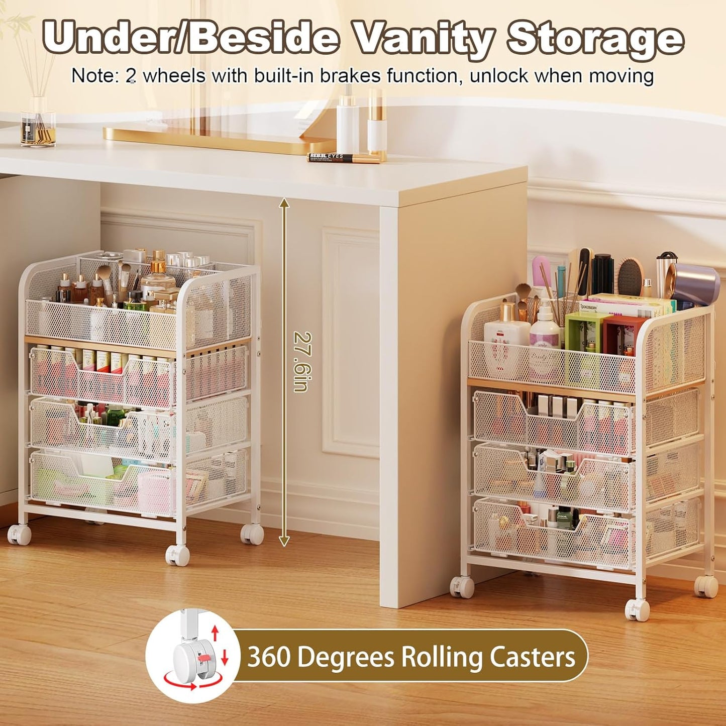 3 Drawers Makeup Cart Organizer with Divider, Under Desk Floor Skincare Organizers
