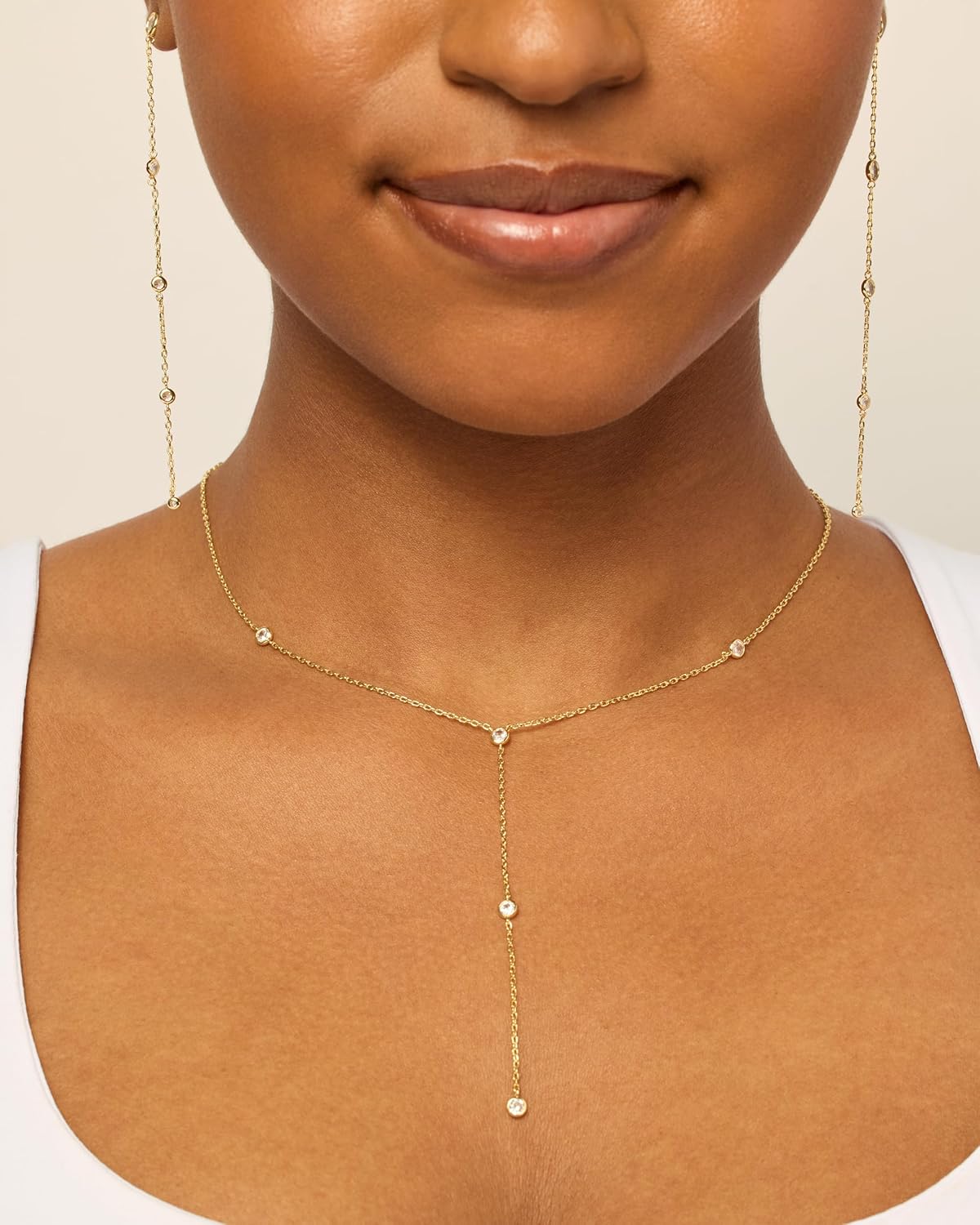 14K Gold Long Lariat Necklace - Cubic Zirconia Drop Pendant Y-Necklace