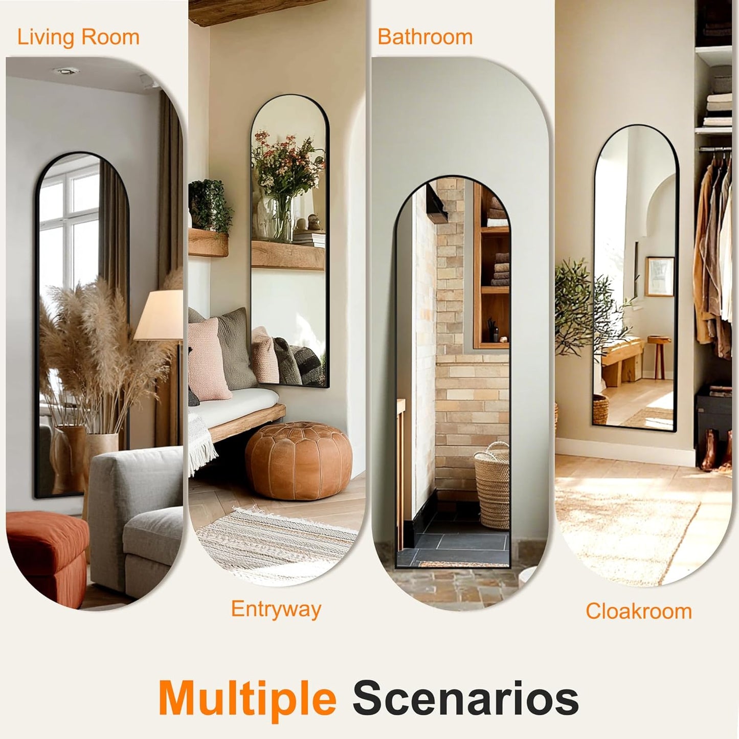 Arched Full Length Mirror, 56"x15" Standing Body Mirror for Wall, with Aluminum Alloy Frame