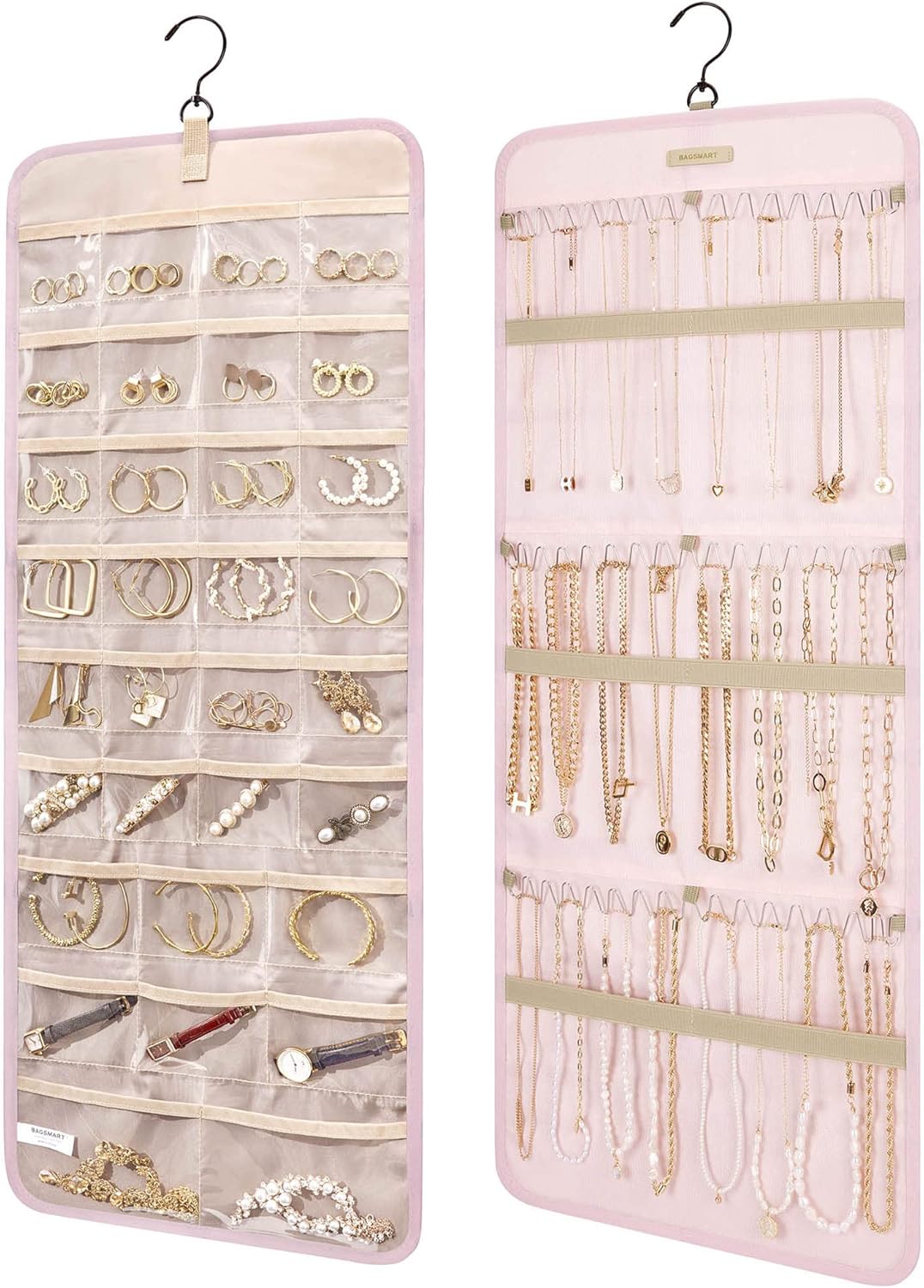 Jewelry Organizer Storage Roll with Hanger Metal Hooks Double, Necklaces, Rings on Closet, Wall, Door