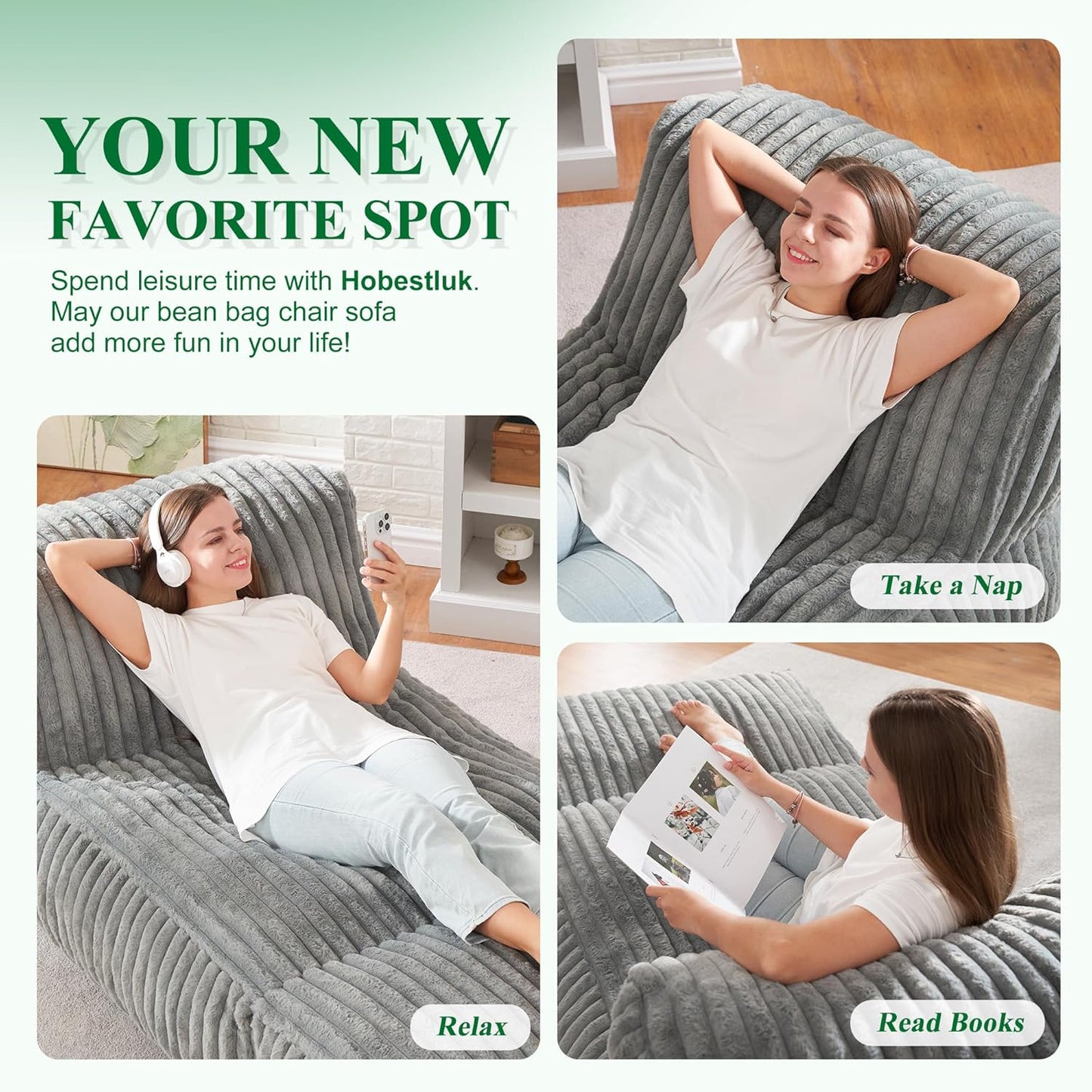 Large Bean Bag Lounger Chair with Memory Foam Filling - Comfortable Beanbag Sofa for Adults, Ideal Balcony