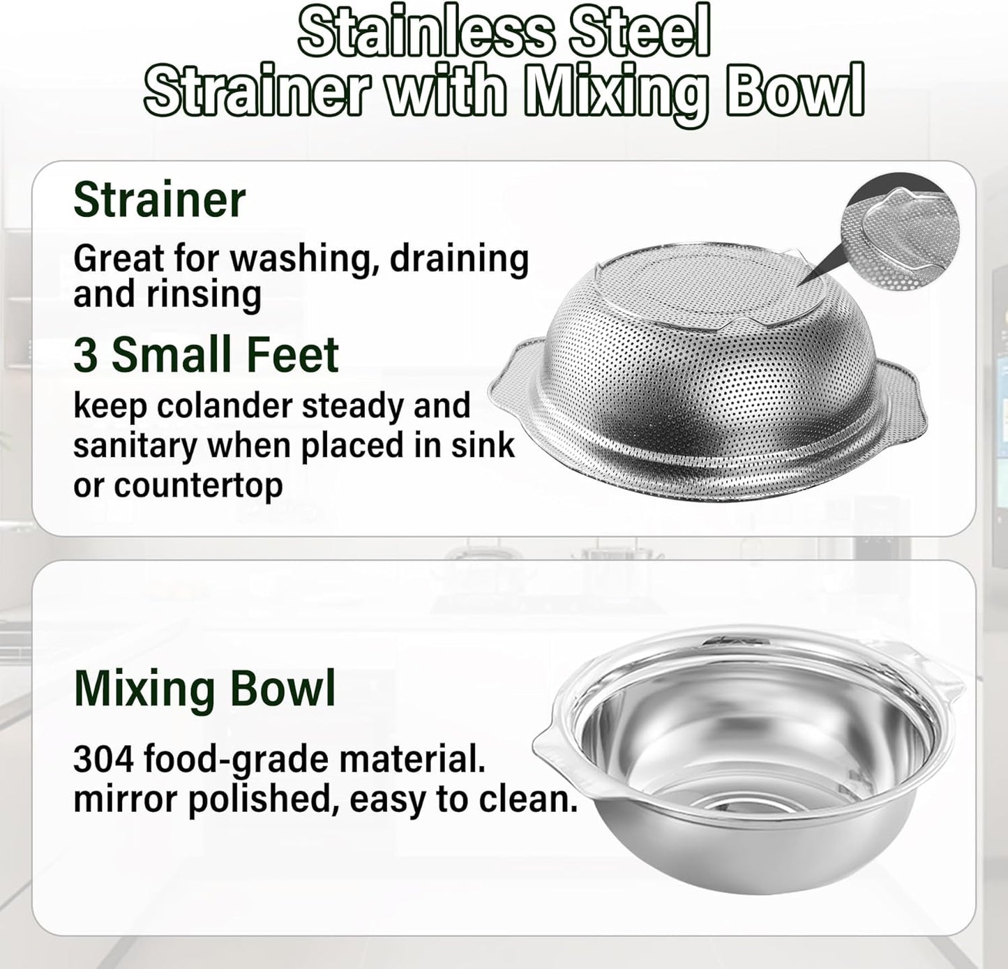 Colander Bowl Set with Microporous for Washing Rice, Pasta, Spaghetti, Fruits, Dishwasher Safe(2PC)