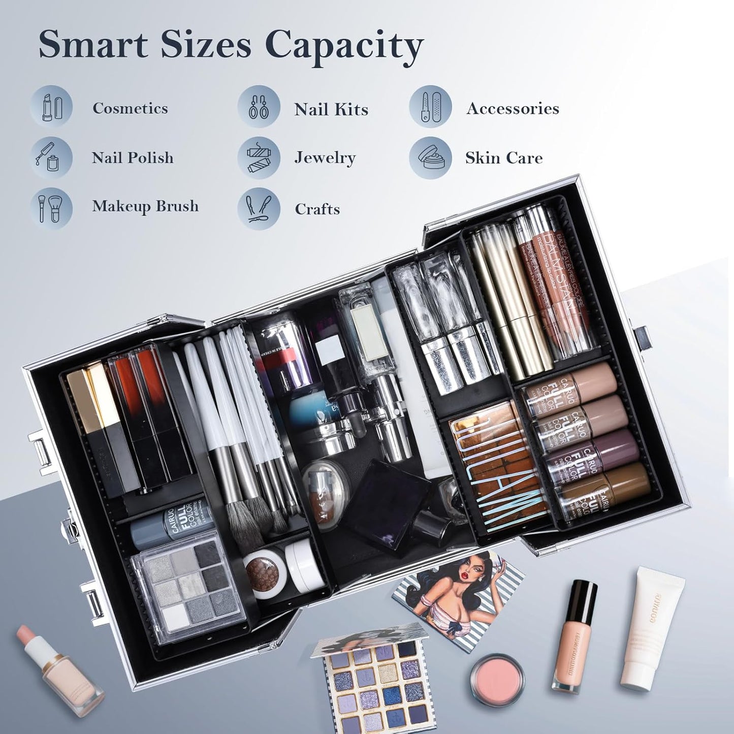 Makeup Organizer Box Portable Cosmetic Travel Case with Lock 4 Trays Aluminum Hard Vanity Box
