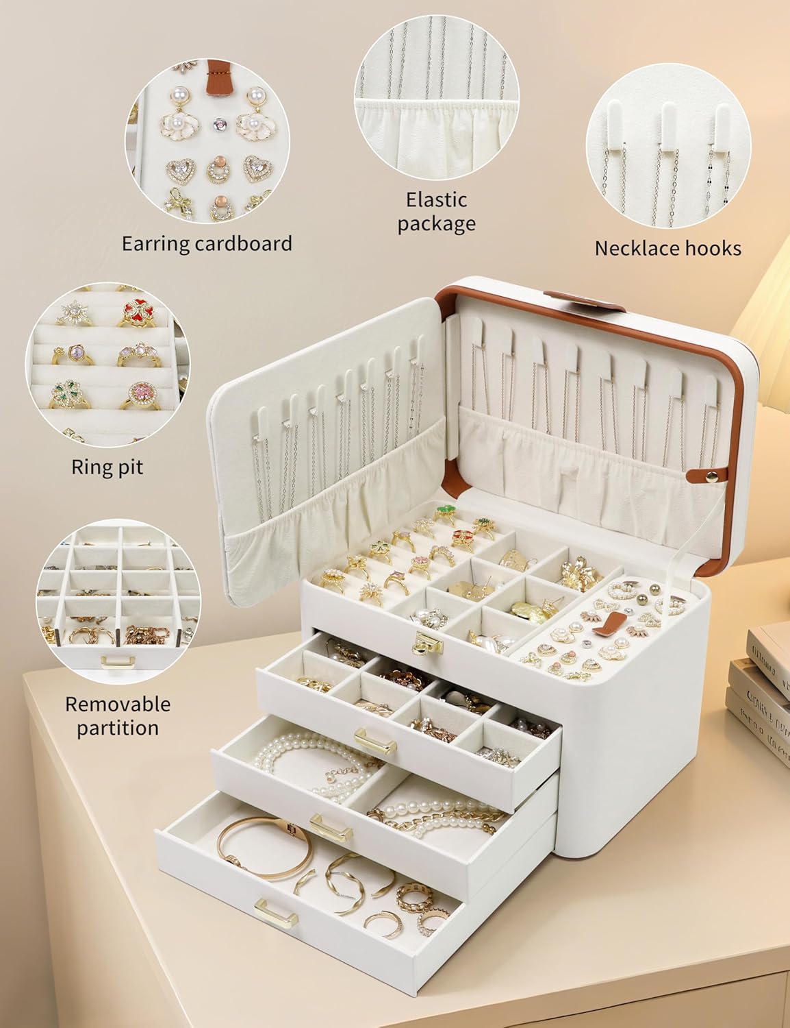 4 Layer Jewelry Organizer with Mirror, 3 Drawers, Jewelry Storage Box, for Earring, Necklace, Bracelet, Ring