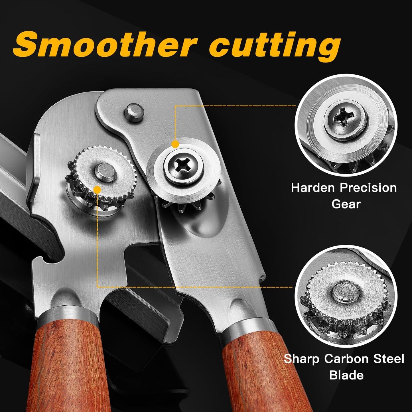 Manual Can Opener with Solid Wood Handle, Sharp Smooth Edge Blade