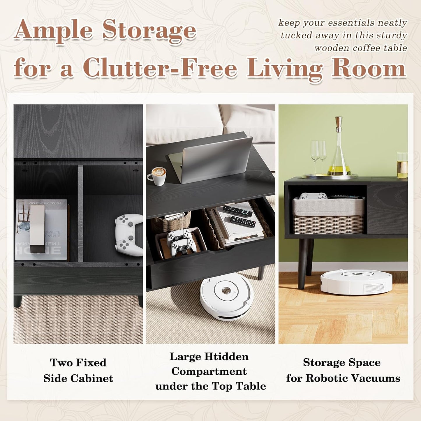 Coffee Table -Wood Lift Top with Hidden Compartment and Large Storage Shelf, Lift Tabletop Dining Center Table