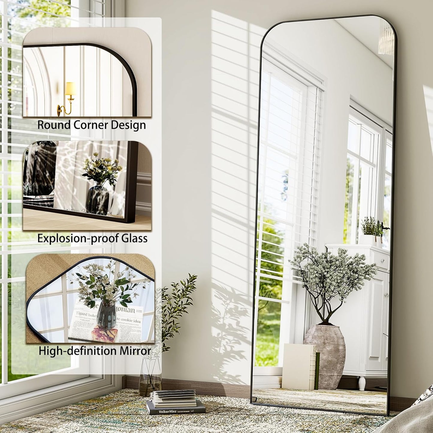 57"x20" Full Length Mirror, Black Rounded Corner Aluminum Frame Standing Mirror, Hanging