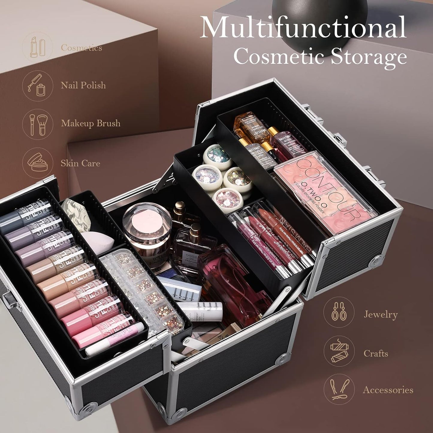 Makeup Case  Professional Makeup Storage Box 4 Trays with Divider Lockable Travel Case Portable