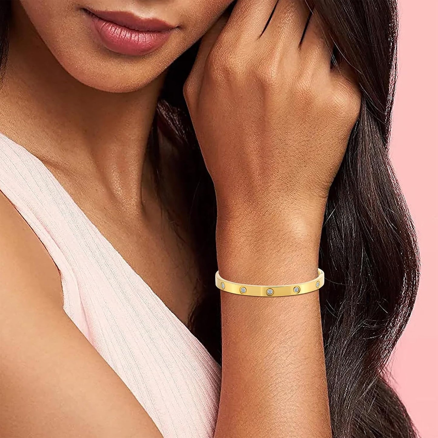 2PCS Gold Bracelets for Women Friendship & Love Theme Crystal Bangle Set Stainless Steel Non Tarnish Jewelry