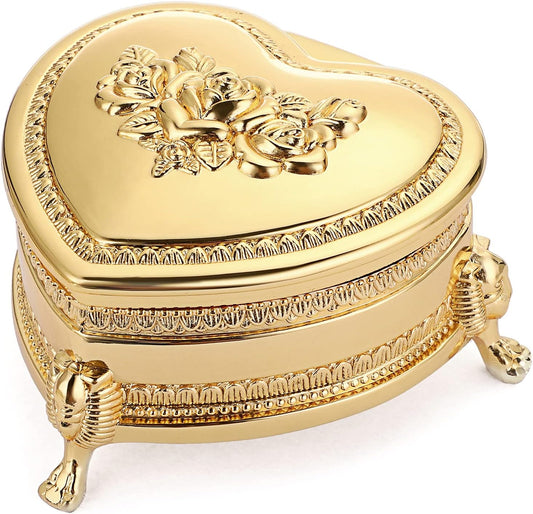 Vintage Antique Flower Metal Jewelry Box , Small Heart Shape Trinket Organizer Box Earrings Rings