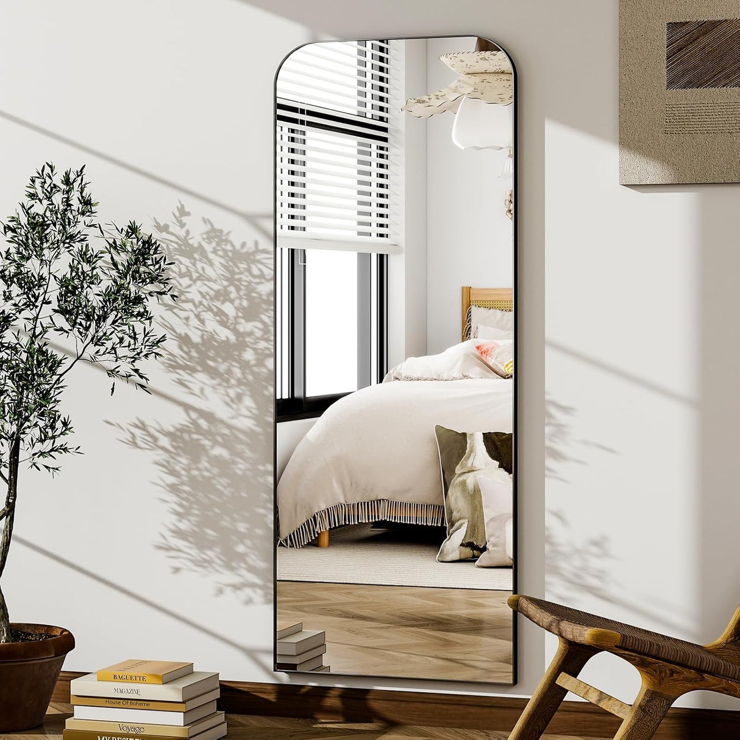 57"x20" Full Length Mirror, Black Rounded Corner Aluminum Frame Standing Mirror, Hanging
